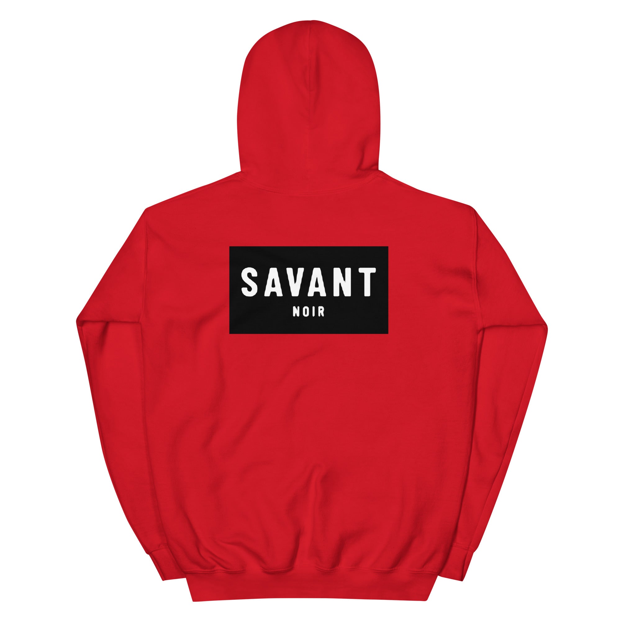 Red luxury streetwear hoodie by SAVANT NOIR with black logo patch on the back