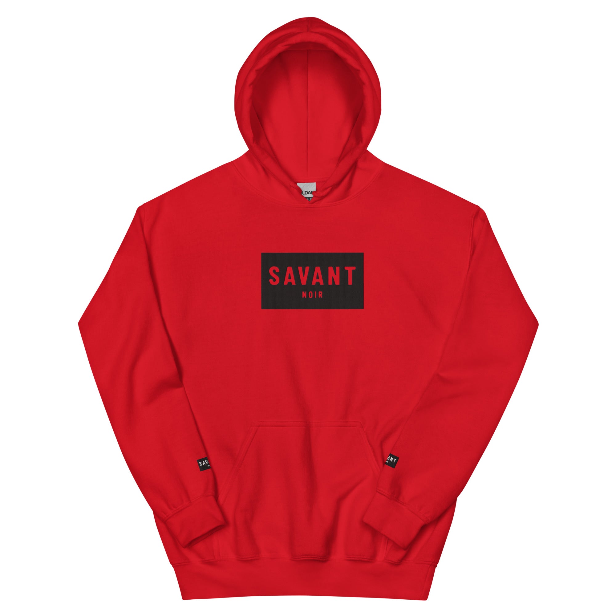 Red luxury streetwear hoodie by SAVANT NOIR with a black logo patch on the chest
