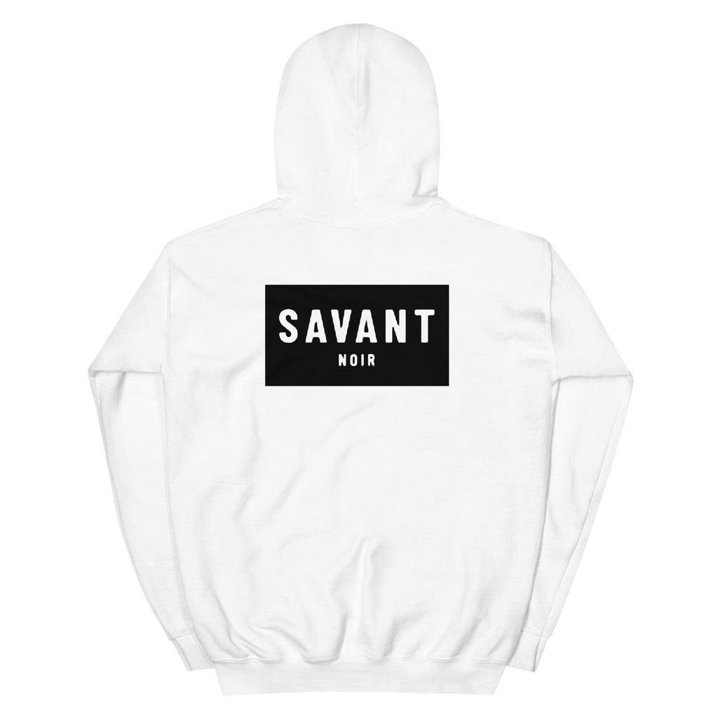 White SAVANT NOIR luxury streetwear hoodie with black logo print on the back and a hood