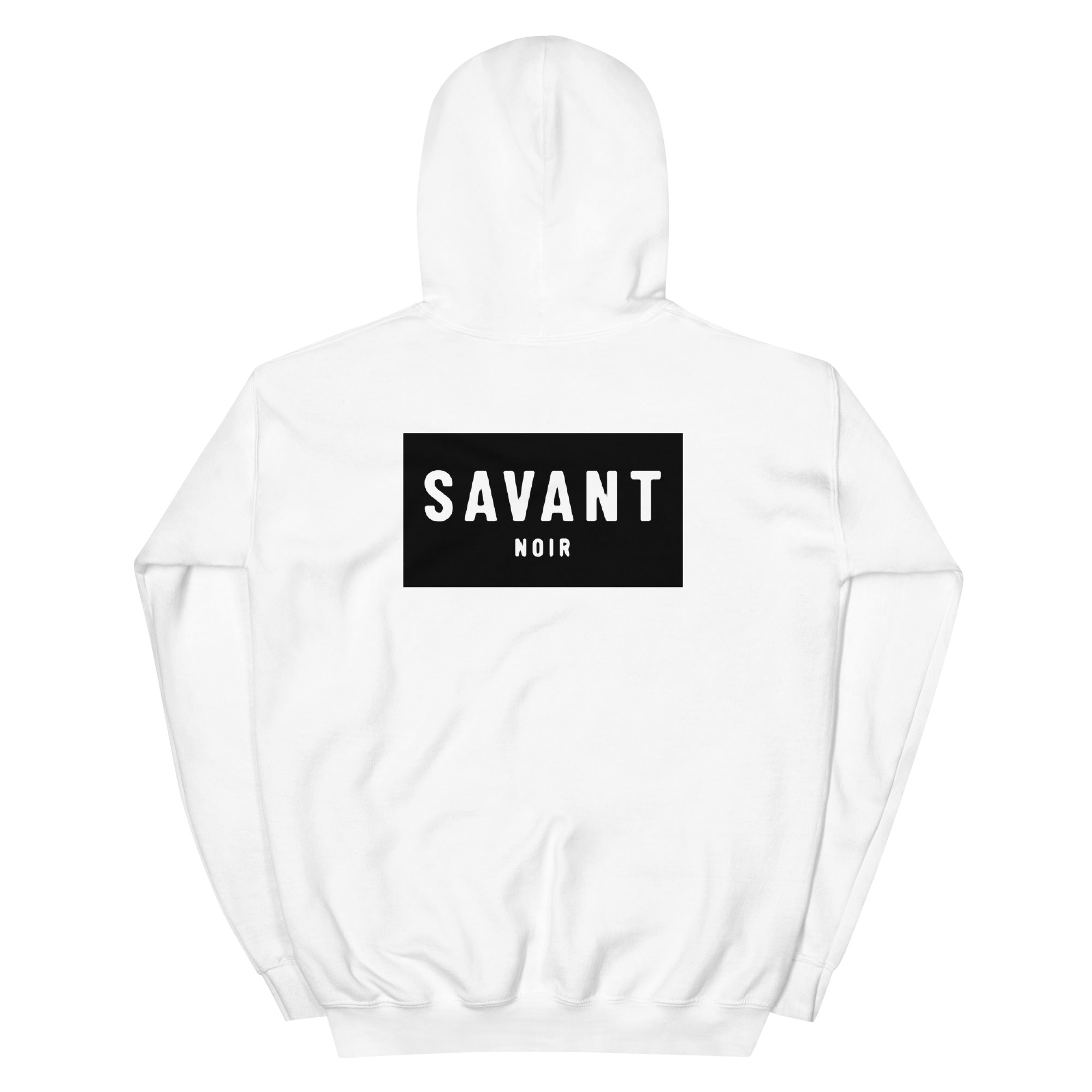 White SAVANT NOIR luxury streetwear hoodie with black logo print on the back and a hood