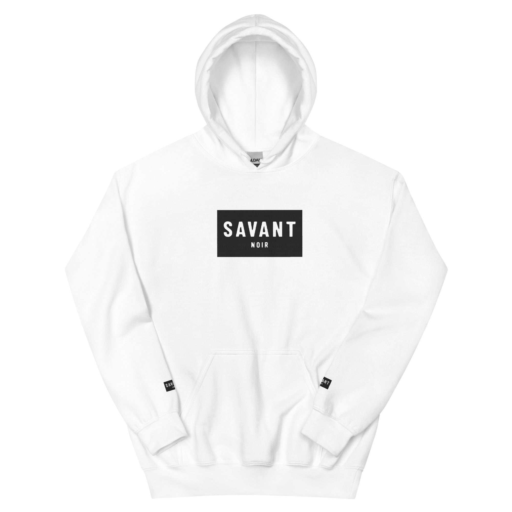 SAVANT NOIR white luxury streetwear hoodie with black logo print on front and front pocket