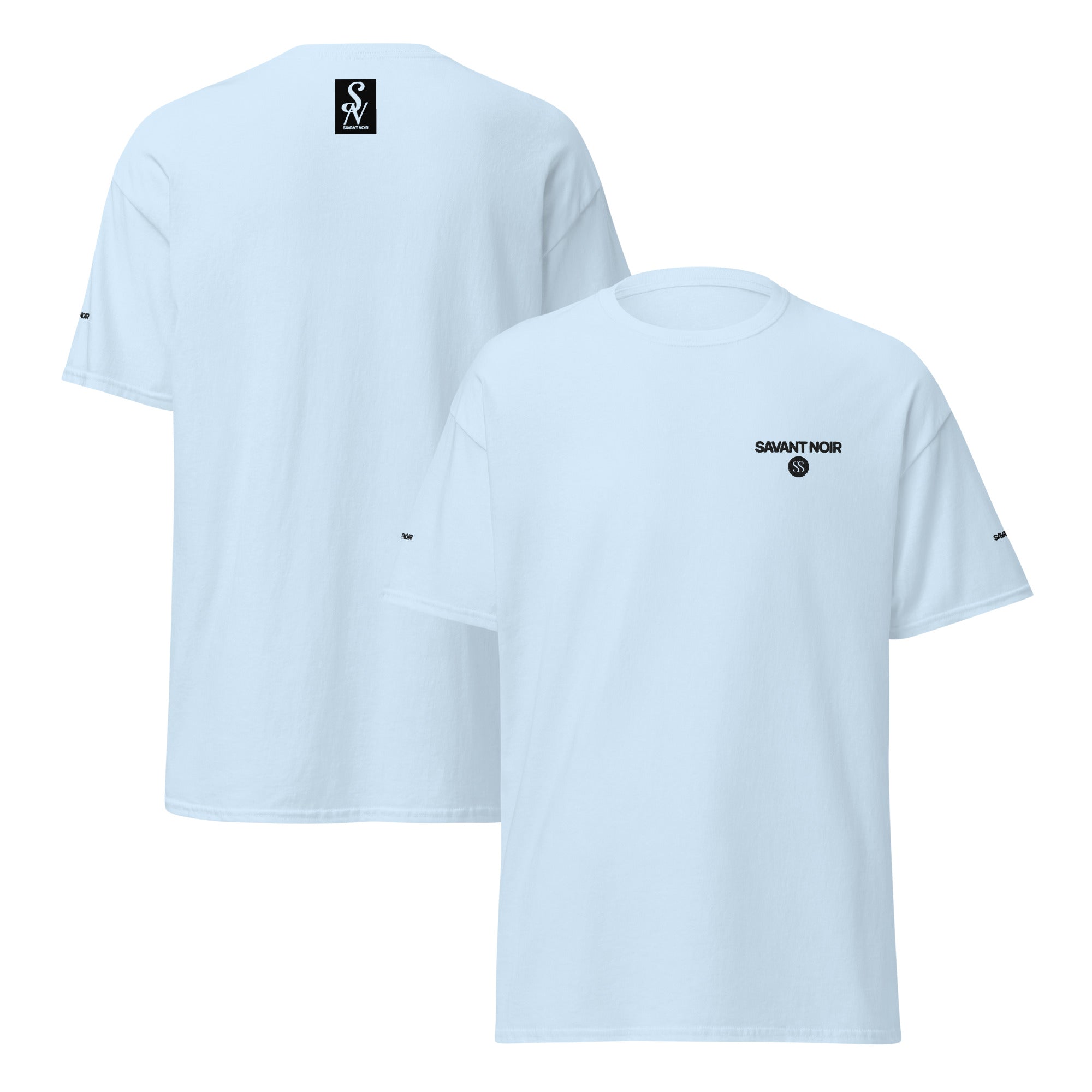 SAVANT NOIR light blue luxury streetwear t shirt with black logo print on front and back