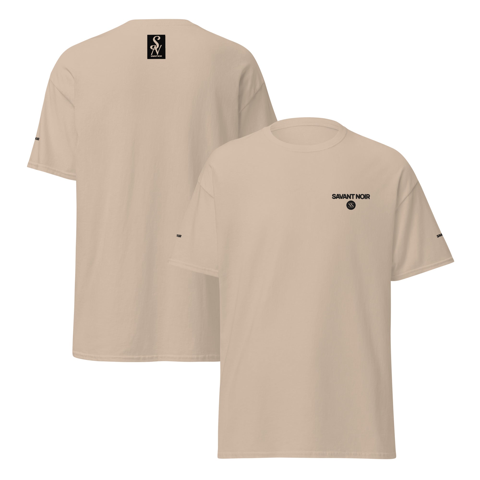 Beige SAVANT NOIR luxury streetwear t shirt with black logo print on front and back