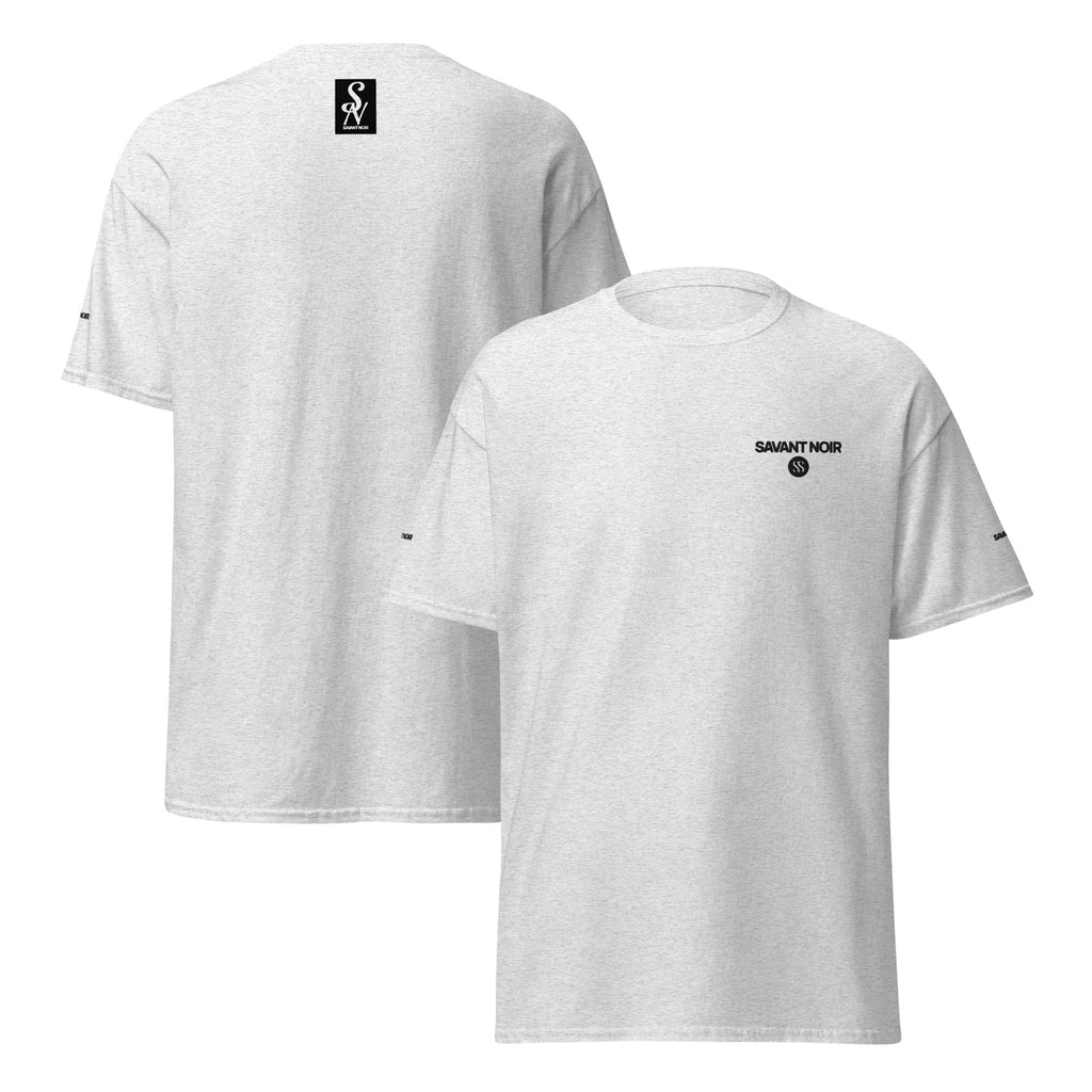 SAVANT NOIR luxury streetwear t shirt in light gray with black logo on front and back