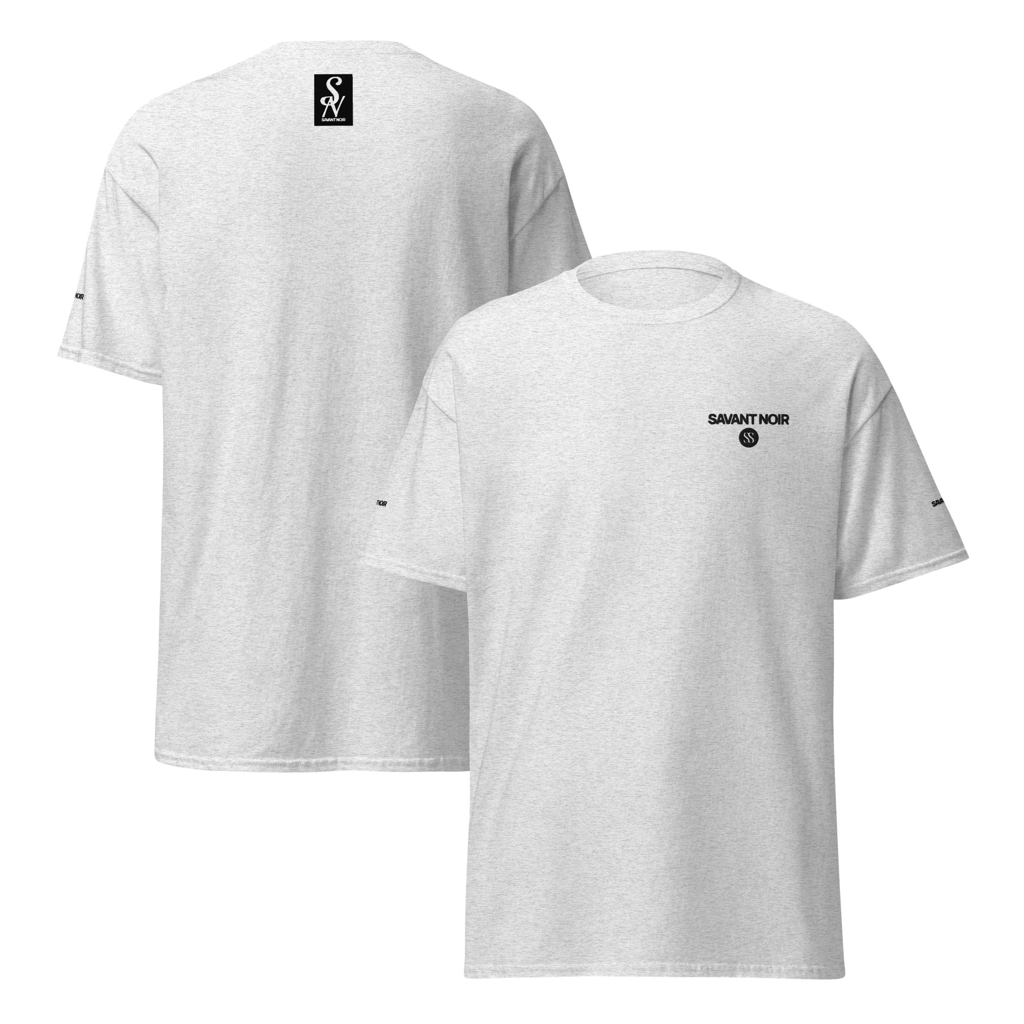 SAVANT NOIR luxury streetwear t shirt in light gray with black logo on front and back
