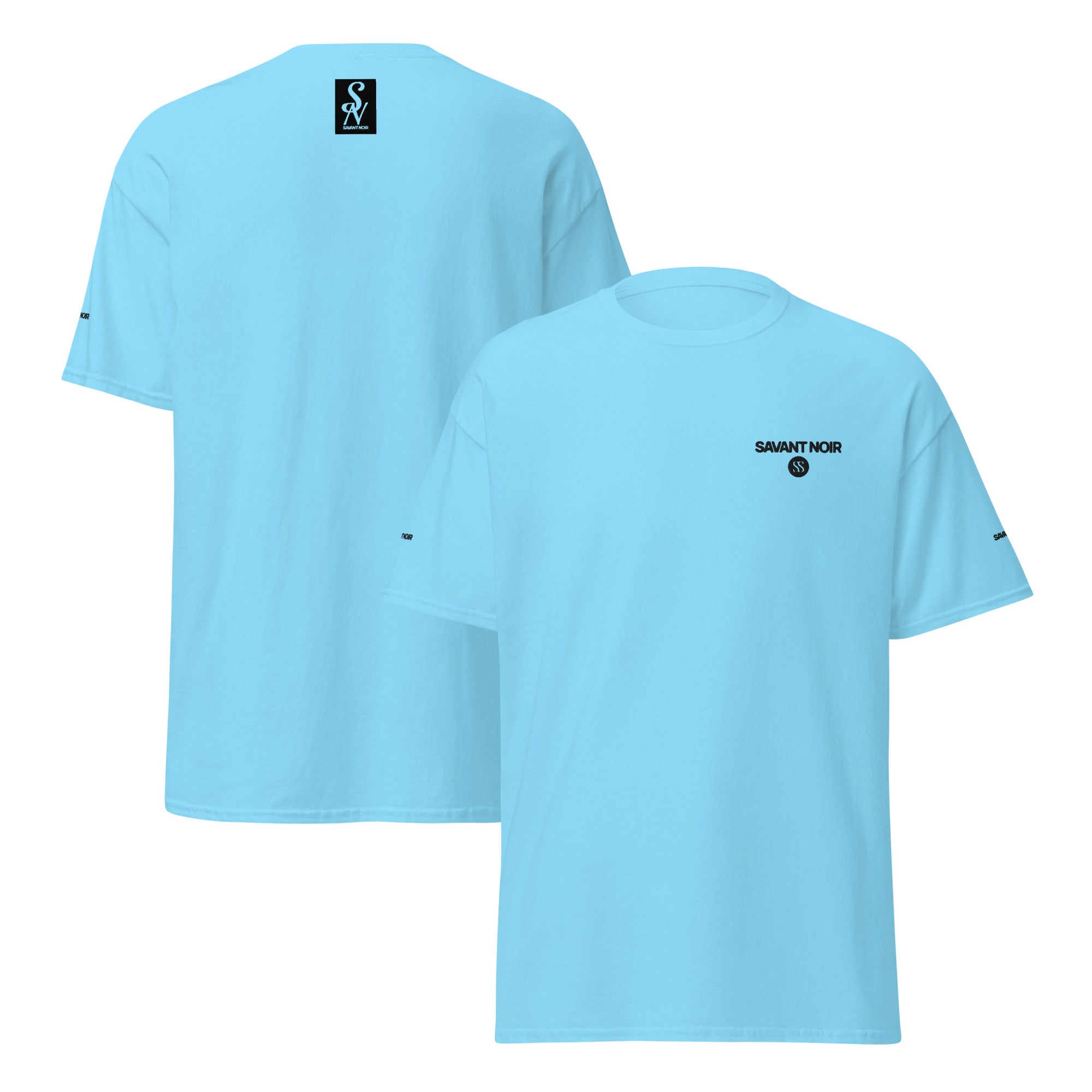 SAVANT NOIR luxury streetwear t shirt in light blue with front and back logo prints