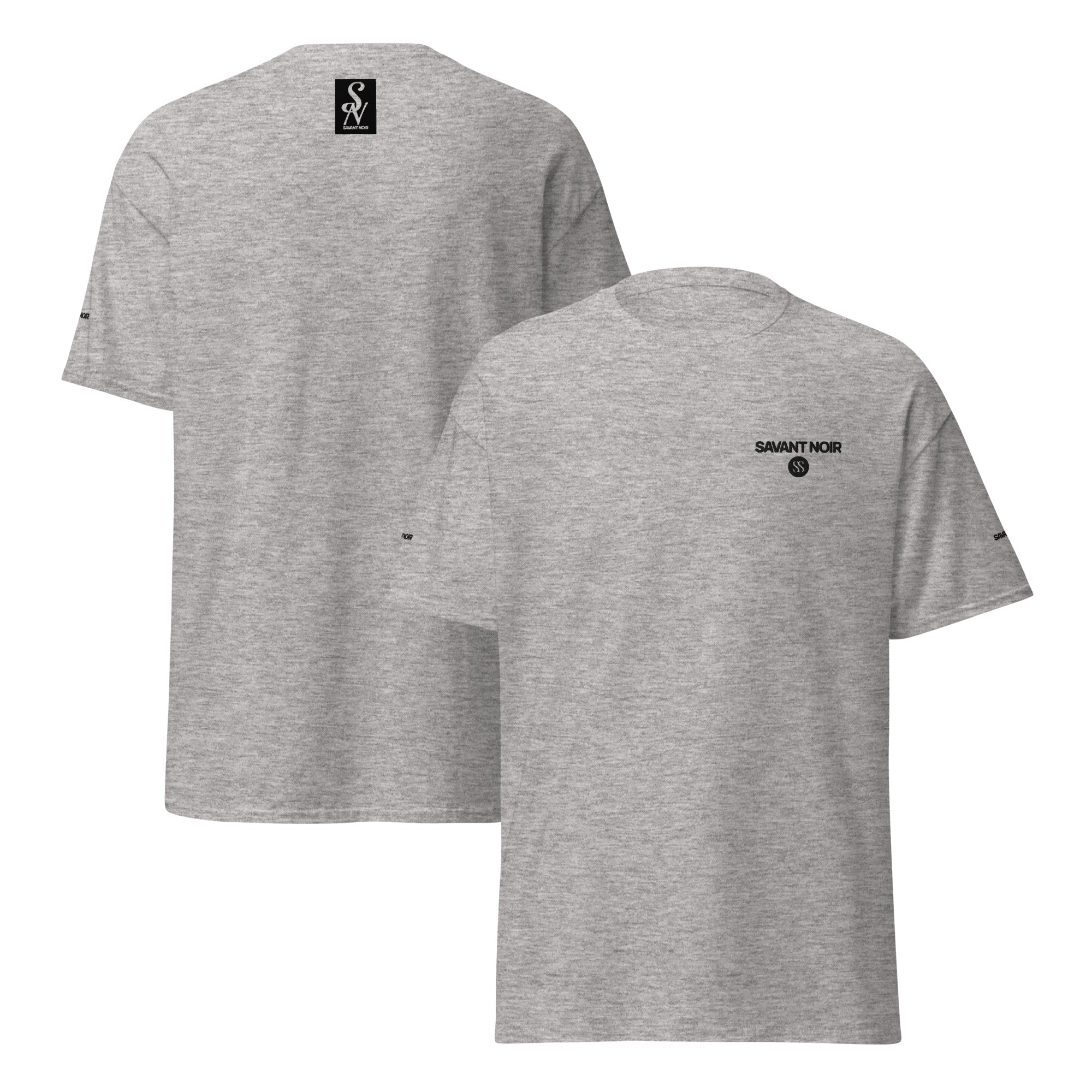 Grey SAVANT NOIR luxury streetwear t shirt with minimal black logo on front and back