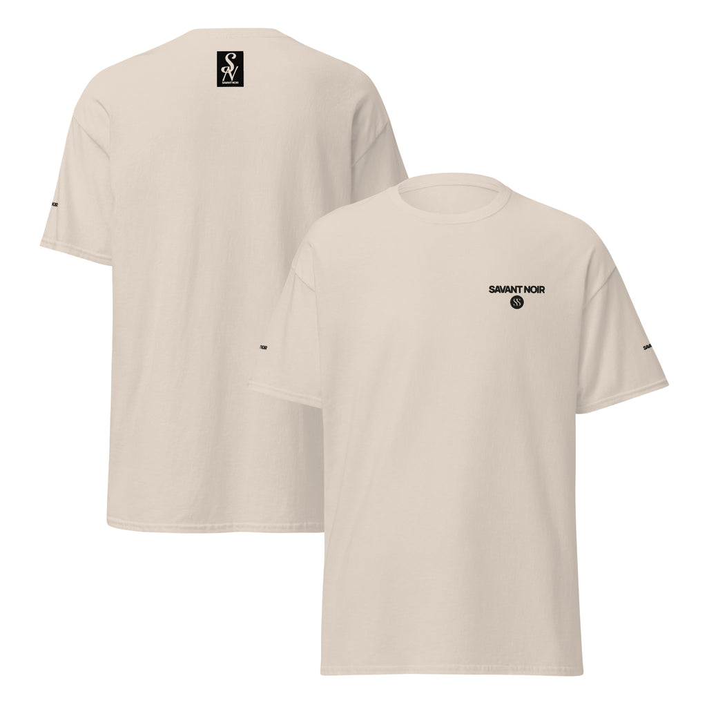 SAVANT NOIR luxury streetwear t shirt in beige with black logo on front chest and back neck