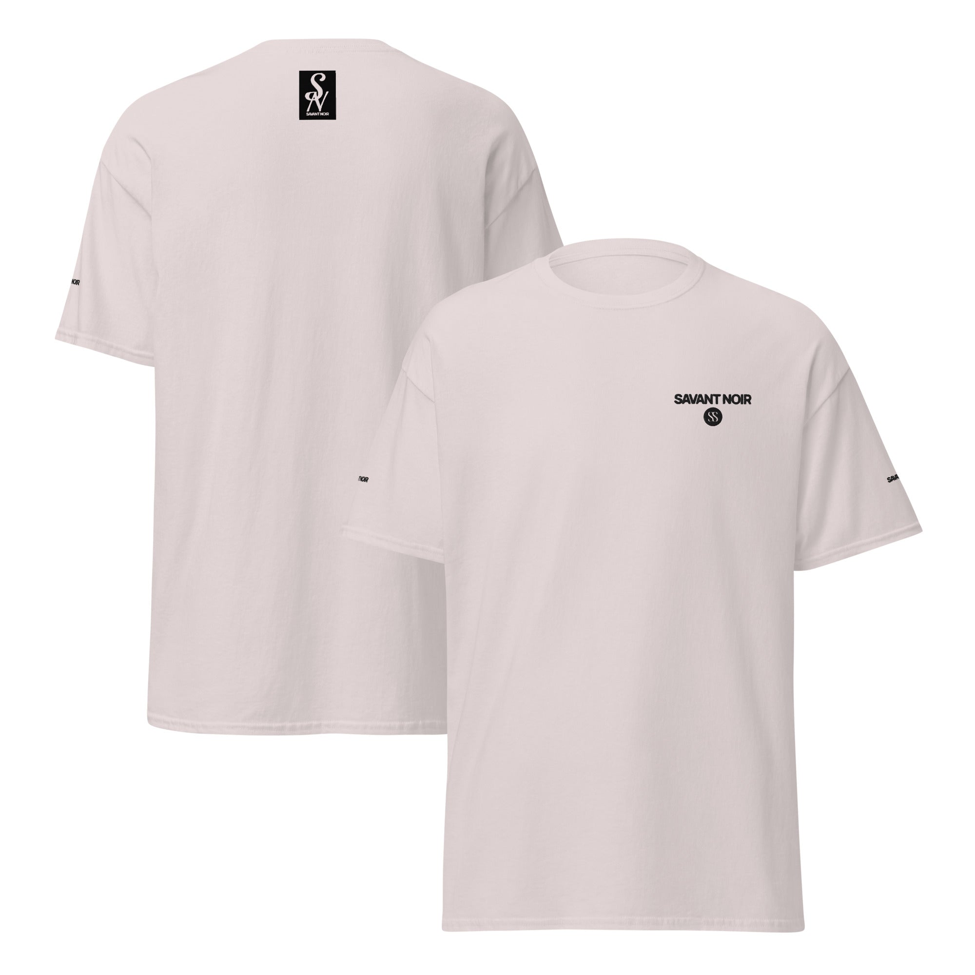 SAVANT NOIR white luxury streetwear t shirt with logo on front and back in minimalist style