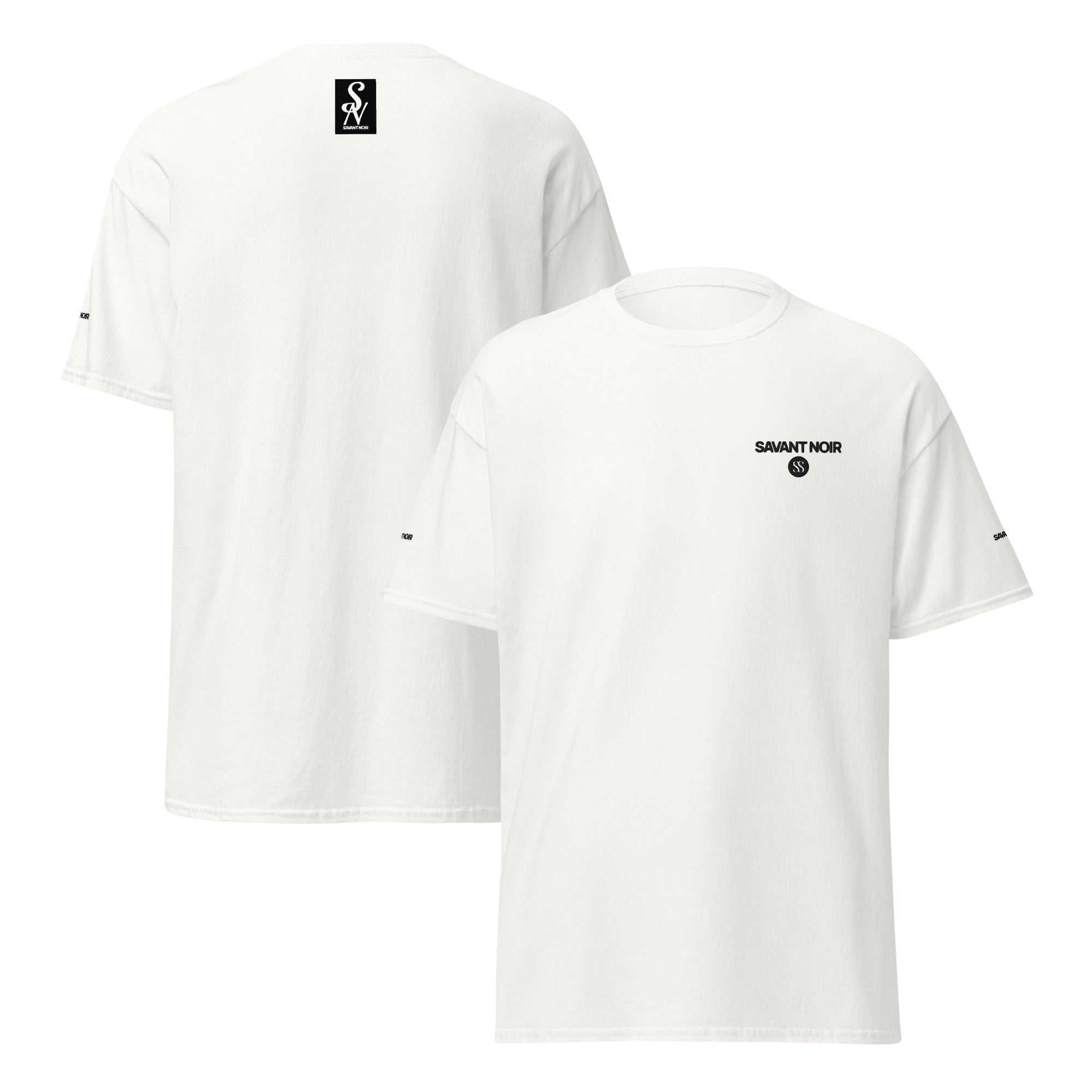 White SAVANT NOIR luxury streetwear t shirt with black logo on front and back label