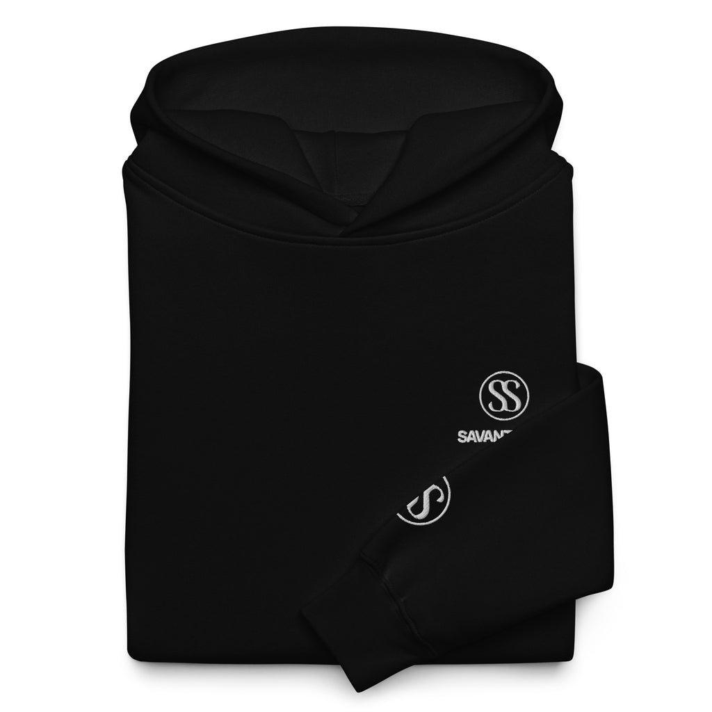 SAVANT NOIR black monogram hoodie folded showing logo on chest and sleeve in minimalist style