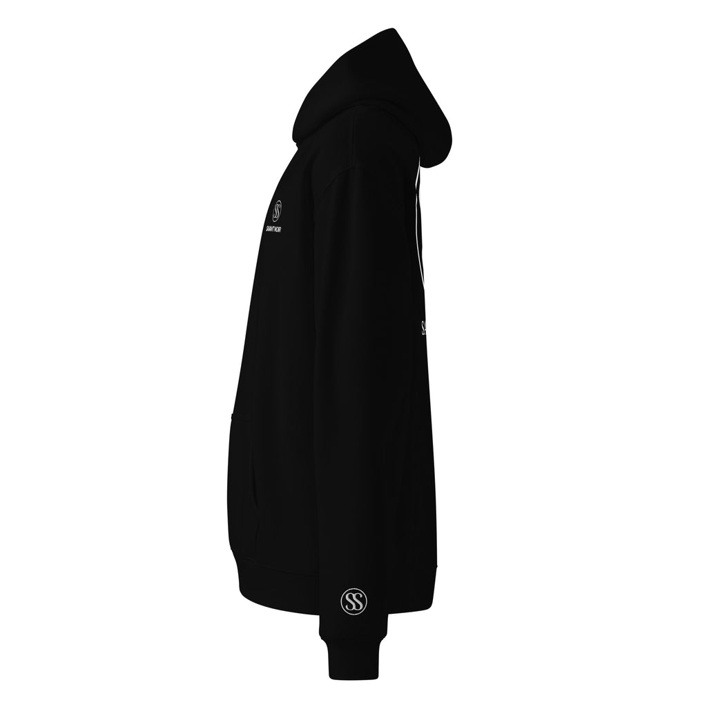 SAVANT NOIR black monogram hoodie side view with logo on sleeve and chest in black fabric
