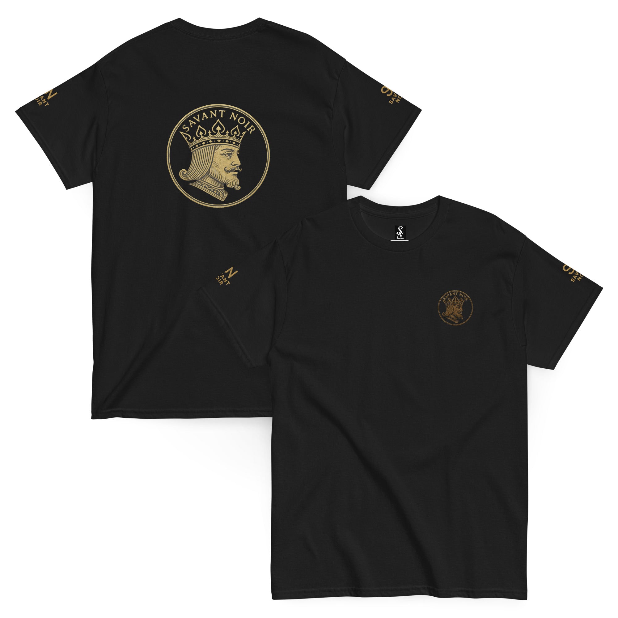 Exclusive designer classic tee by SAVANT NOIR in black with gold king logo on front and back