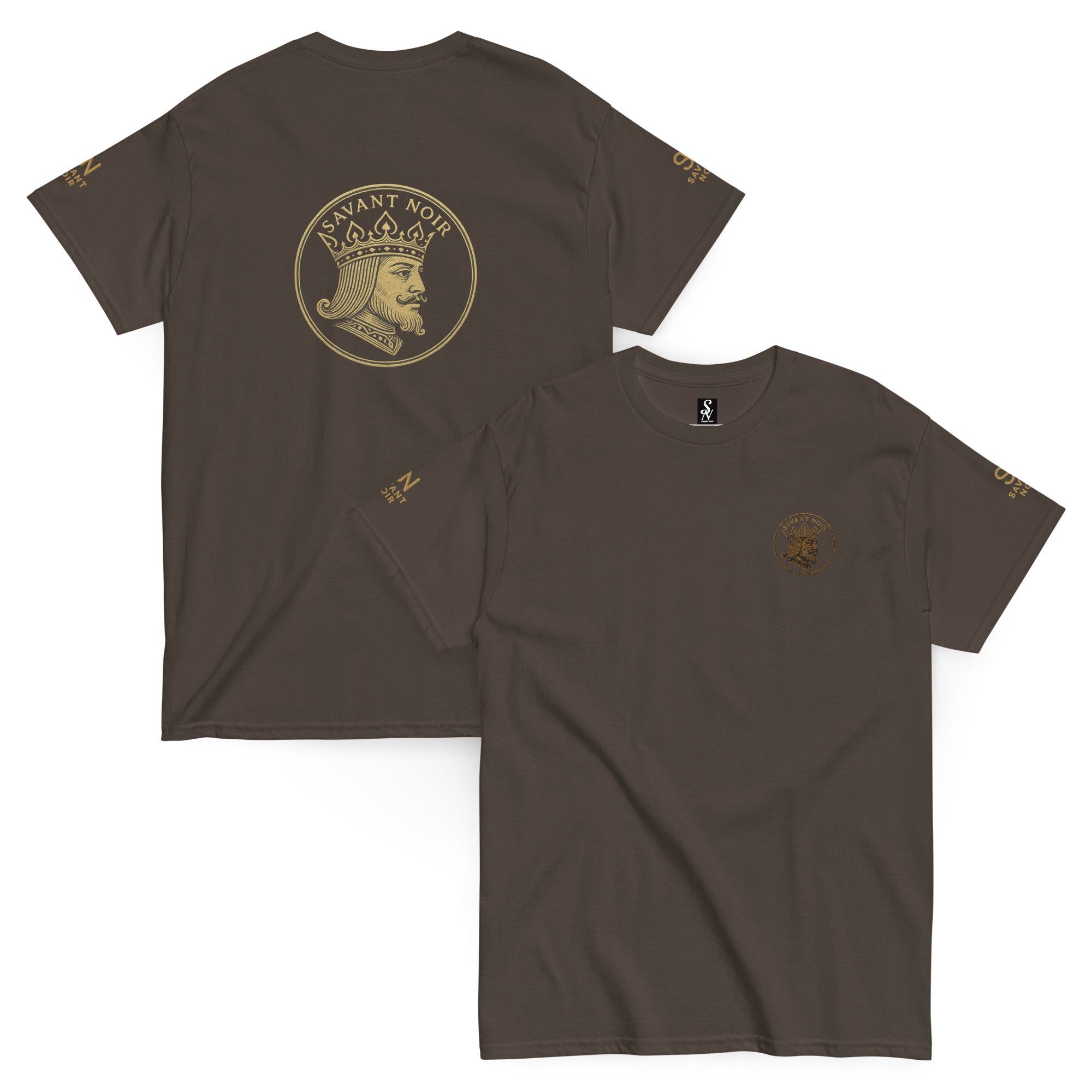 SAVANT NOIR exclusive designer classic tee in brown with gold king emblem on front and back