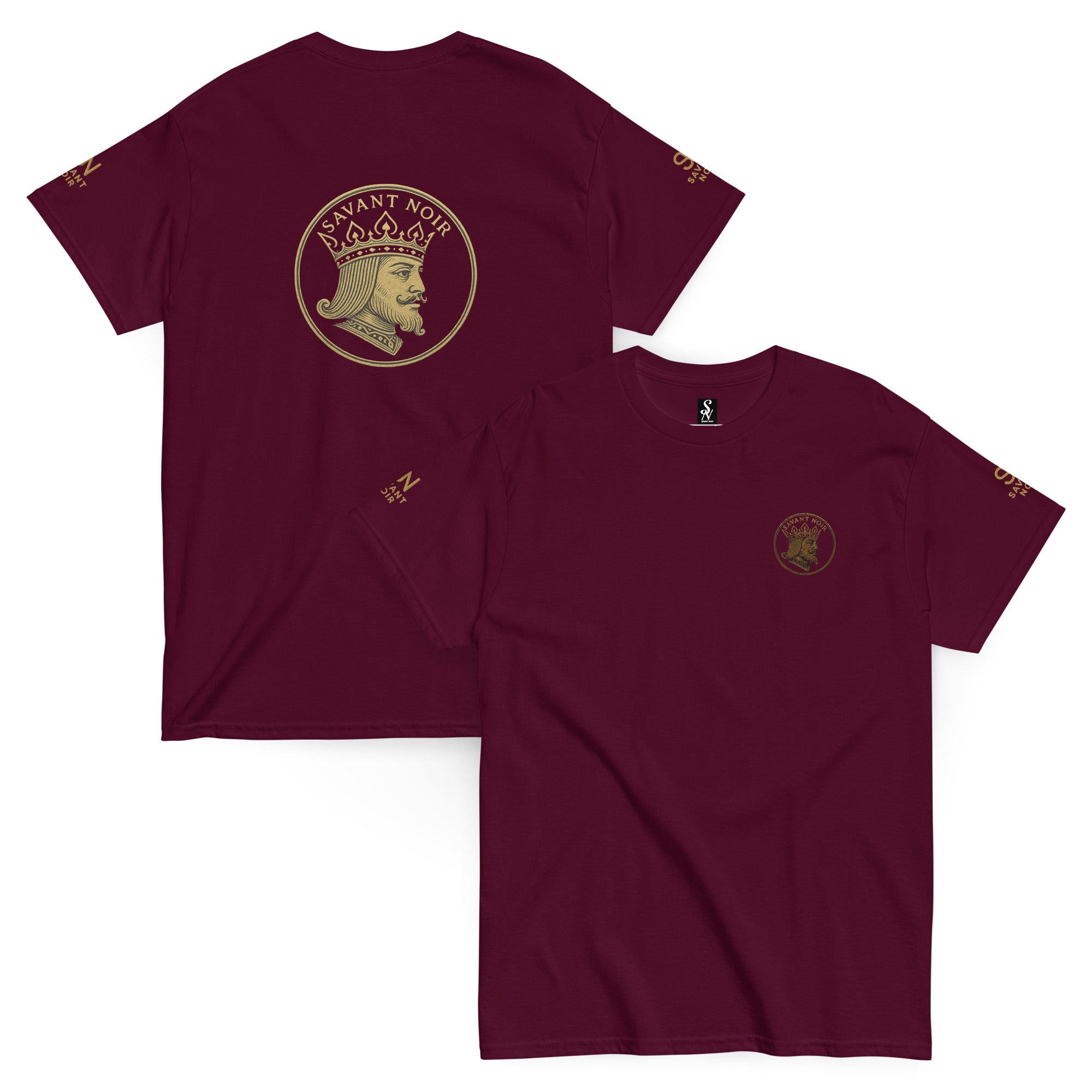 SAVANT NOIR exclusive designer classic tee in burgundy with gold king logo on front and back