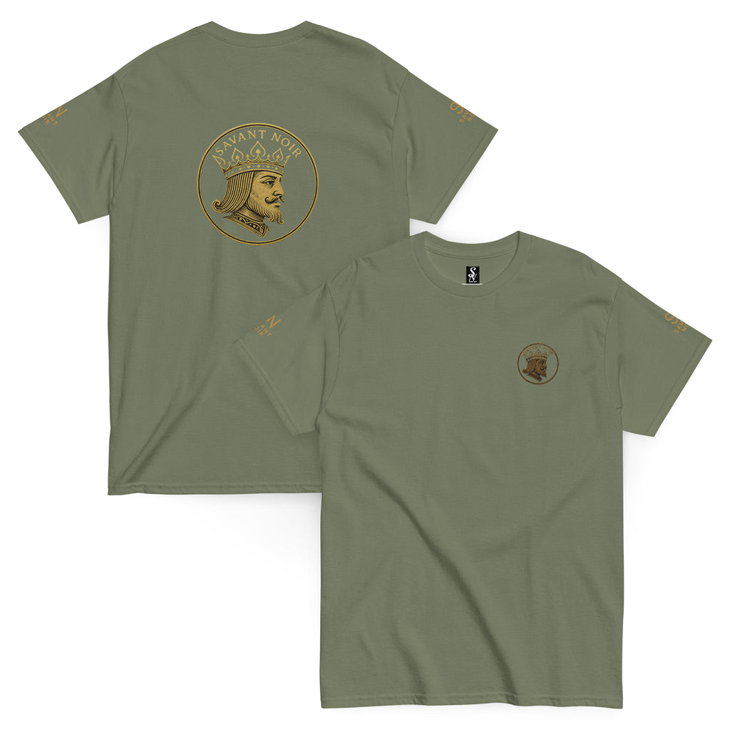 SAVANT NOIR exclusive designer classic tee in olive green with gold graphic print on front and back