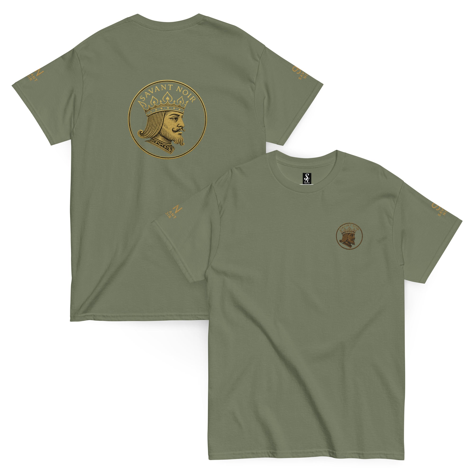 SAVANT NOIR exclusive designer classic tee in olive green with gold graphic print on front and back