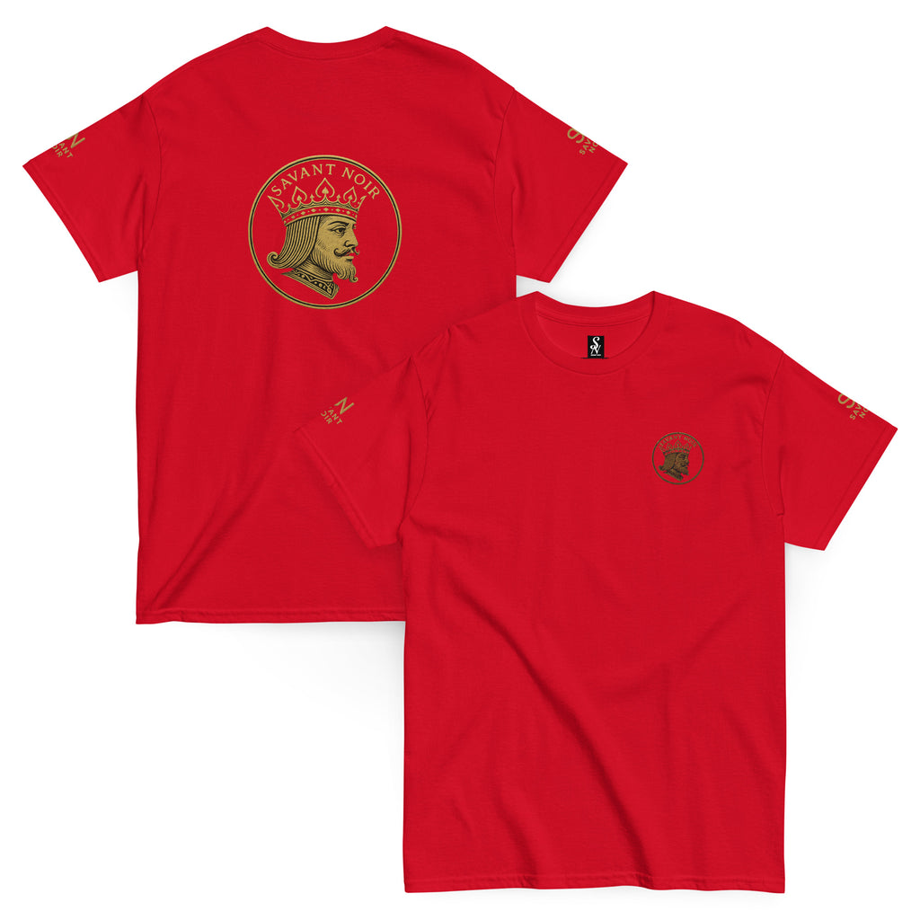 SAVANT NOIR exclusive designer classic tee in red with gold emblem on front and back