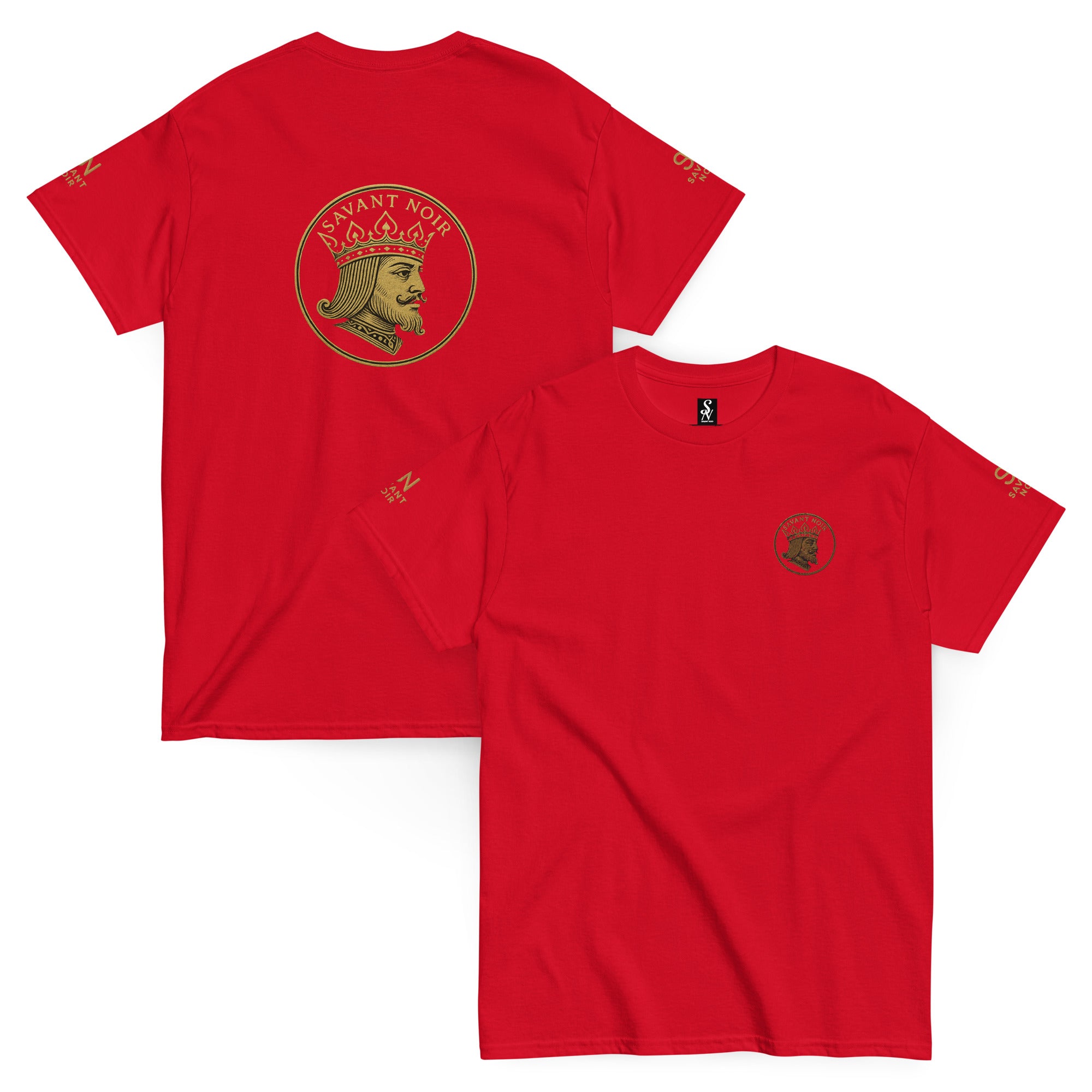 SAVANT NOIR exclusive designer classic tee in red with gold emblem on front and back