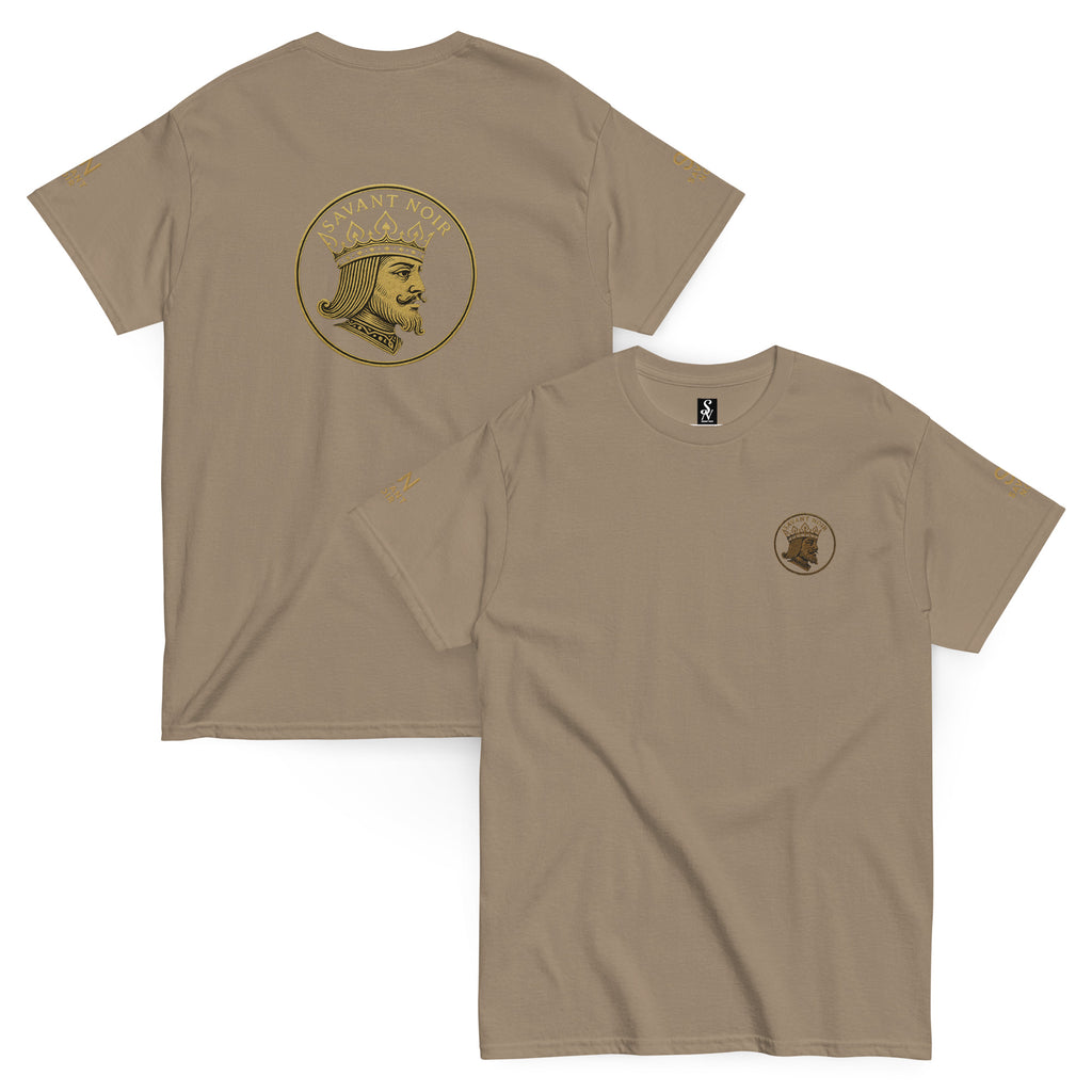 SAVANT NOIR exclusive designer classic tee in beige with gold emblem on front and back