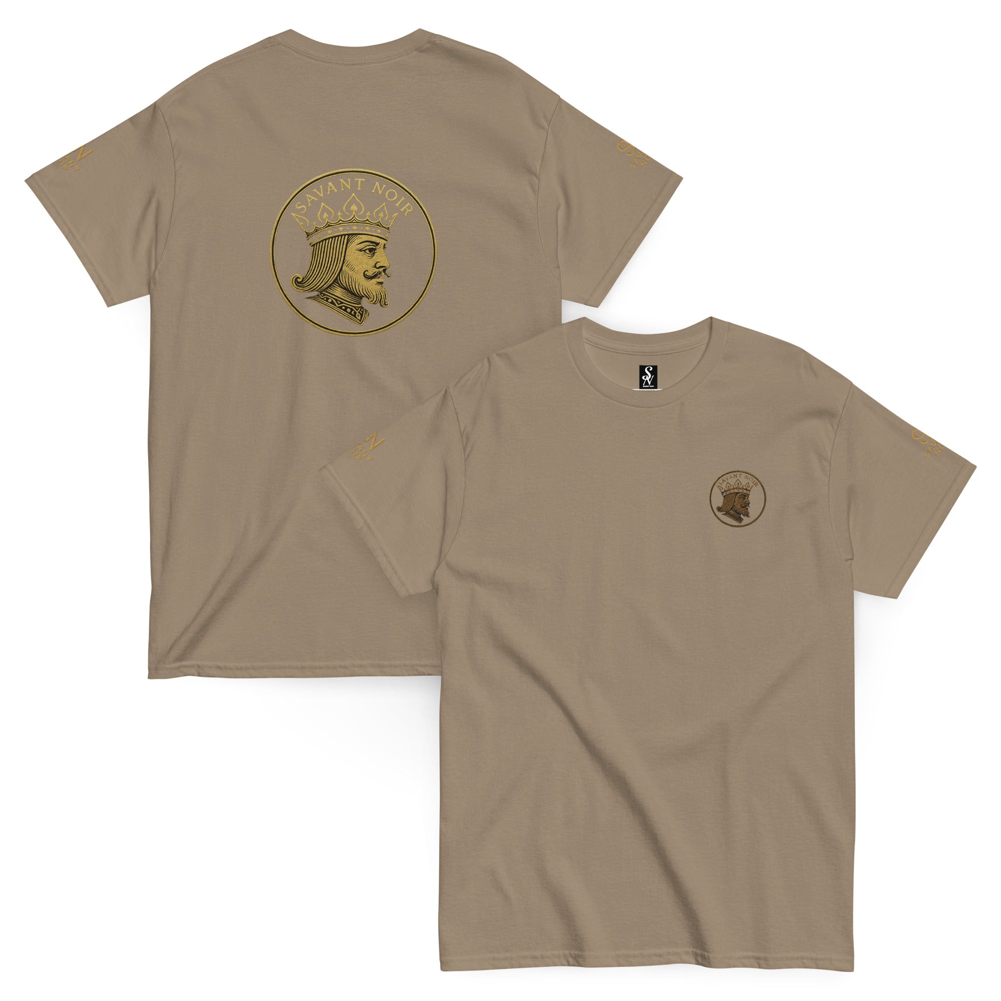 SAVANT NOIR exclusive designer classic tee in beige with gold emblem on front and back