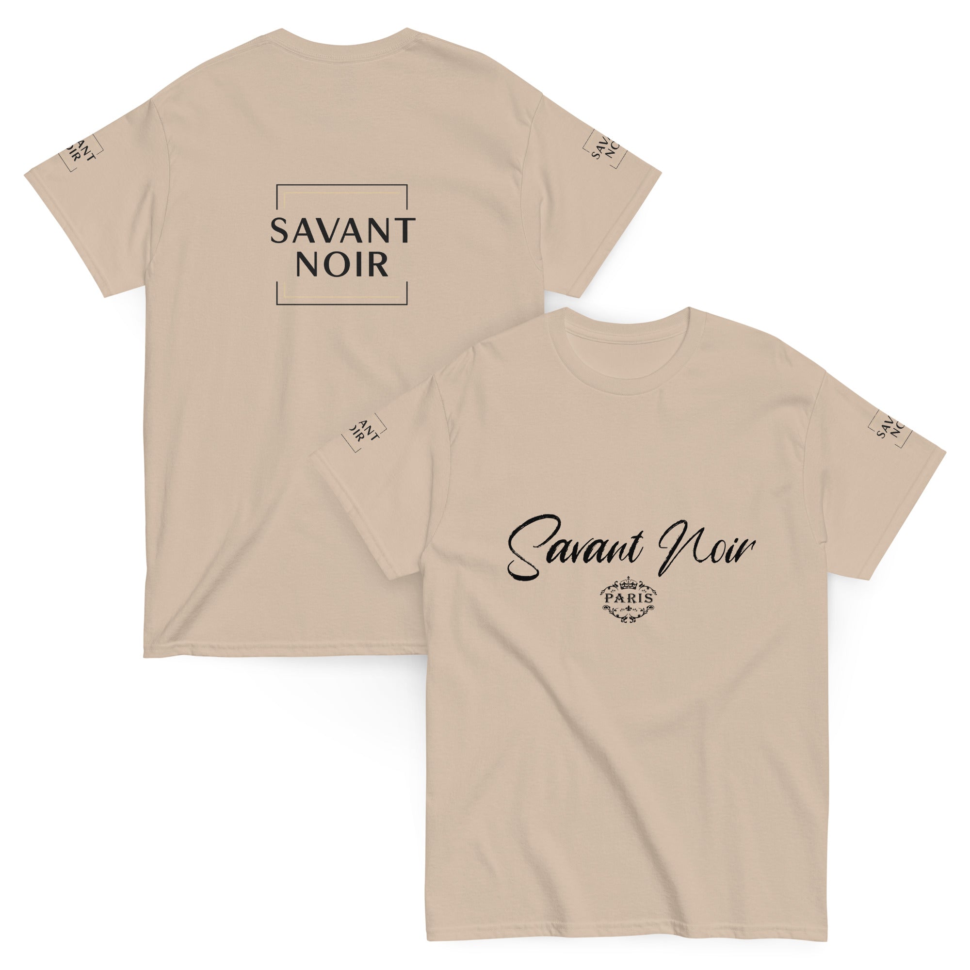 SAVANT NOIR high-end classic white tee with black logo print on front and back in beige color