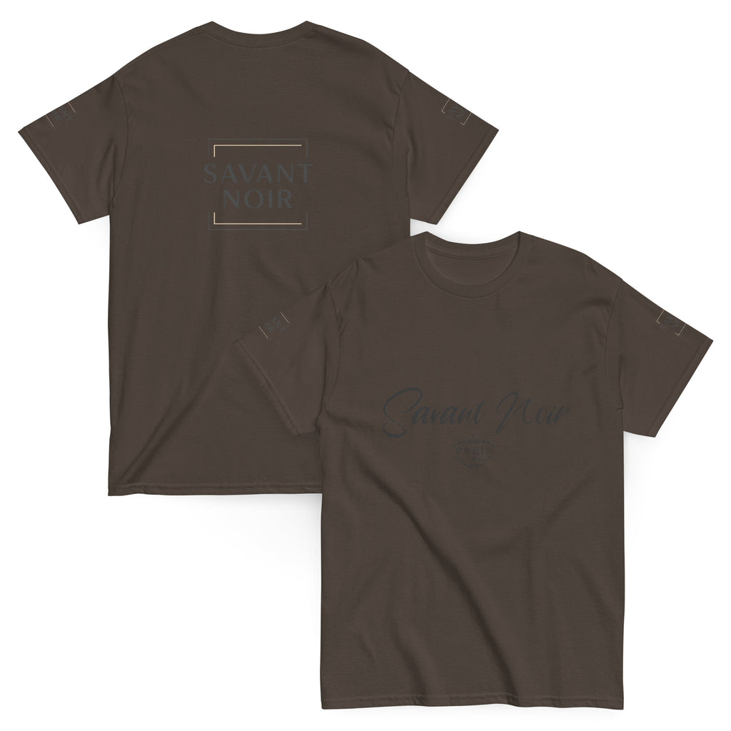 SAVANT NOIR high-end classic white tee styled in dark color with front and back logo print