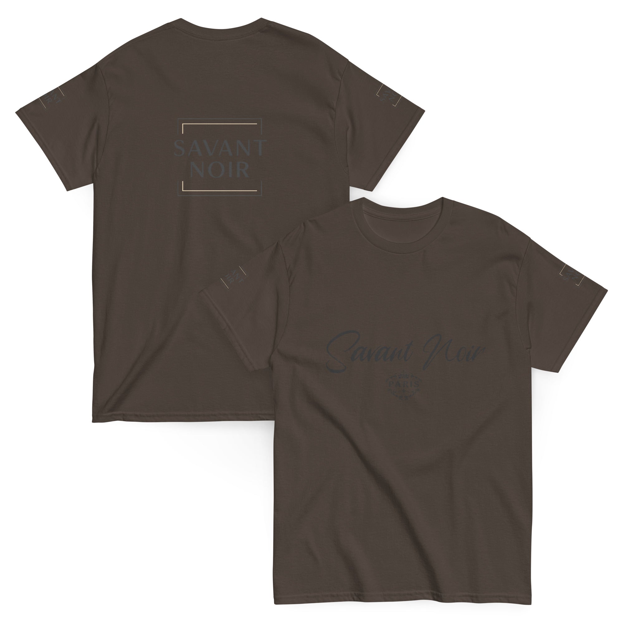 SAVANT NOIR high-end classic white tee styled in dark color with front and back logo print