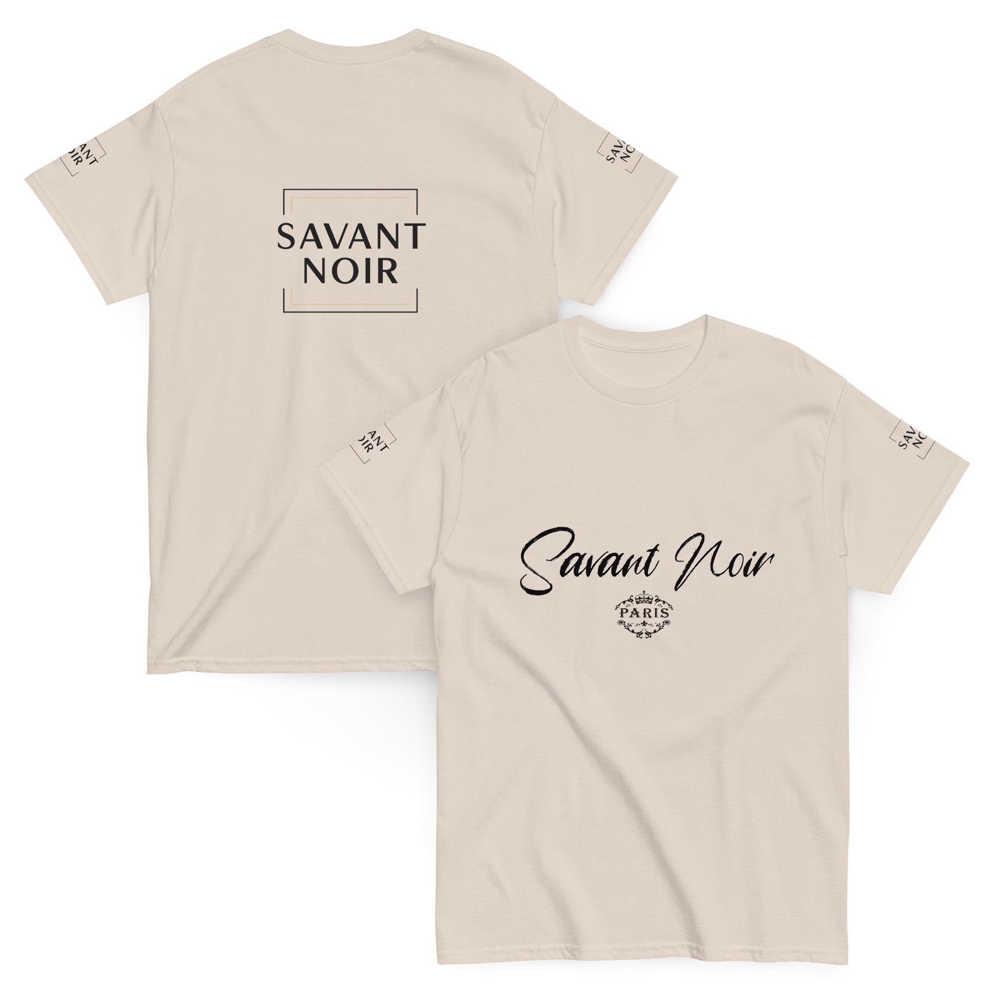 SAVANT NOIR high-end classic white tee with black logo print on front and back, short sleeves