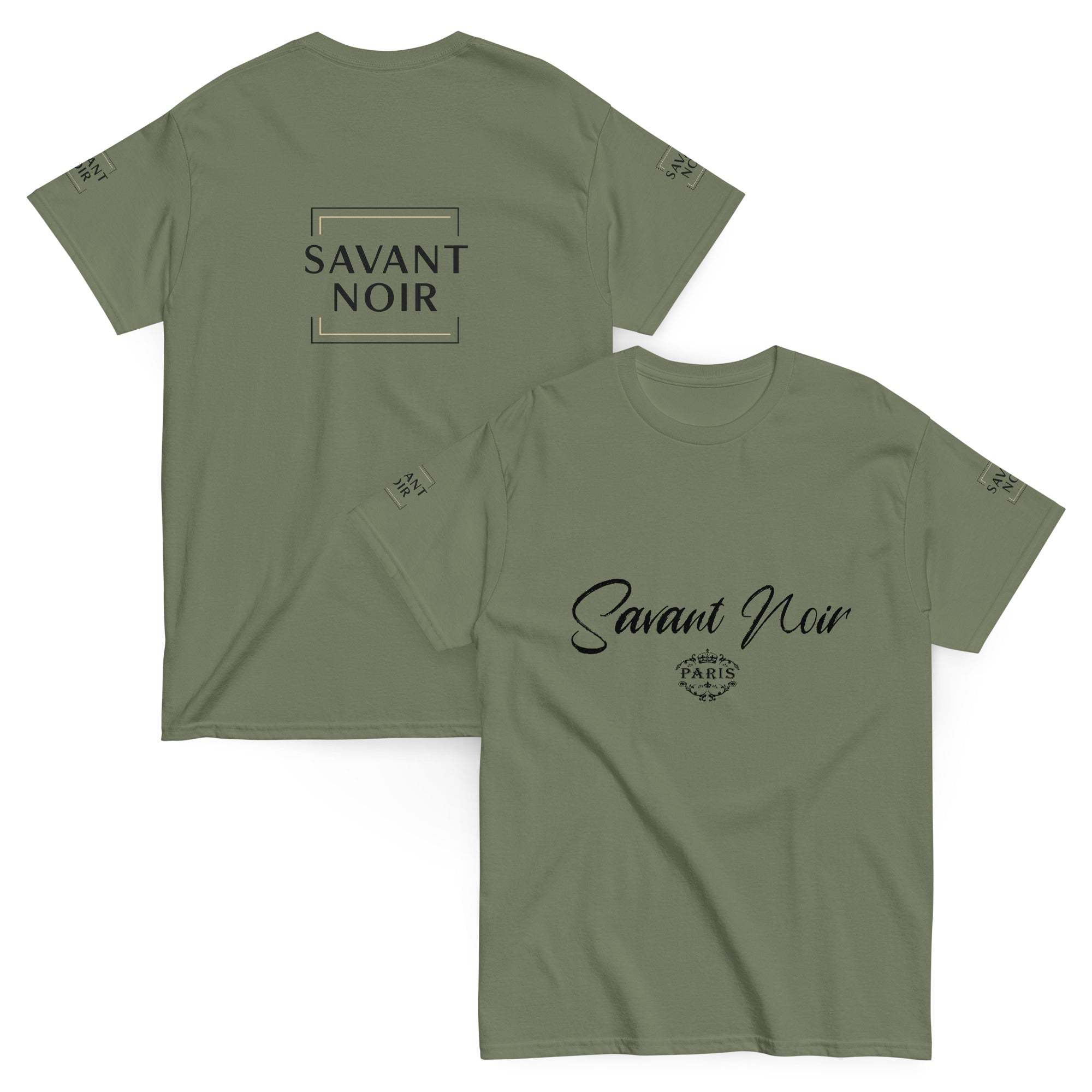 SAVANT NOIR branded olive green high-end classic white tee with front and back logo prints