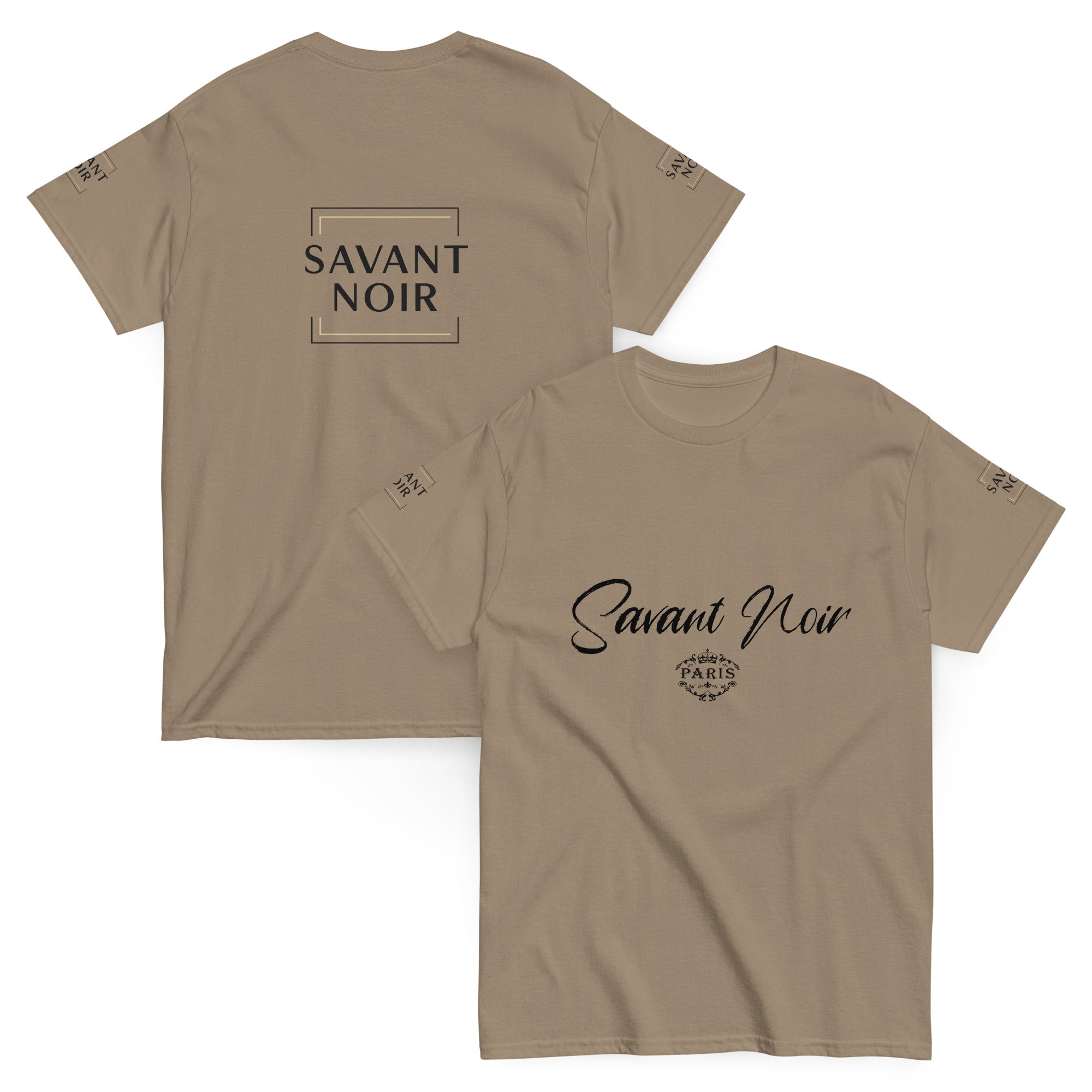 SAVANT NOIR tan t-shirt with brand logos front and back high-end classic white tee alternative