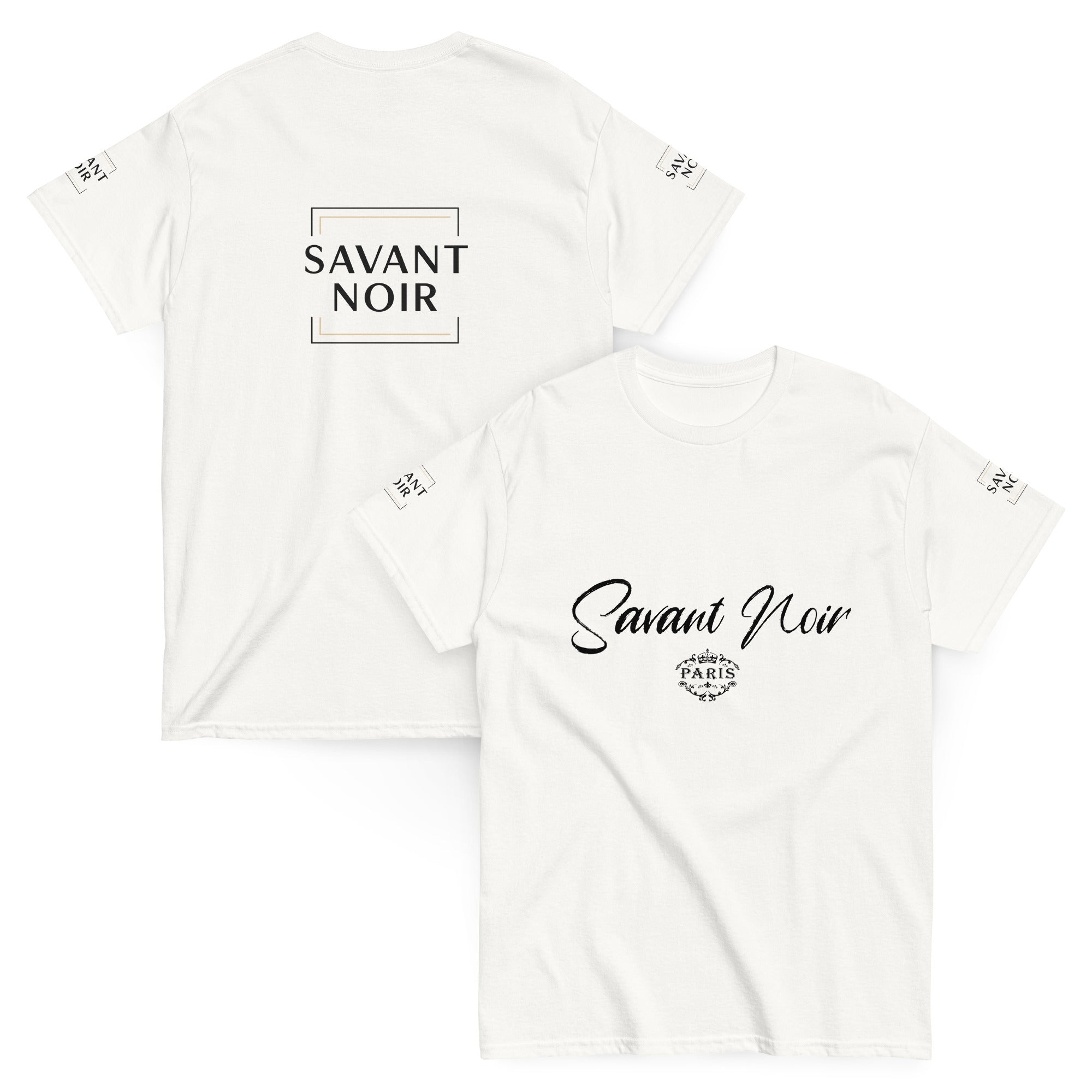 SAVANT NOIR high-end classic white tee with Paris logo front and branded text back