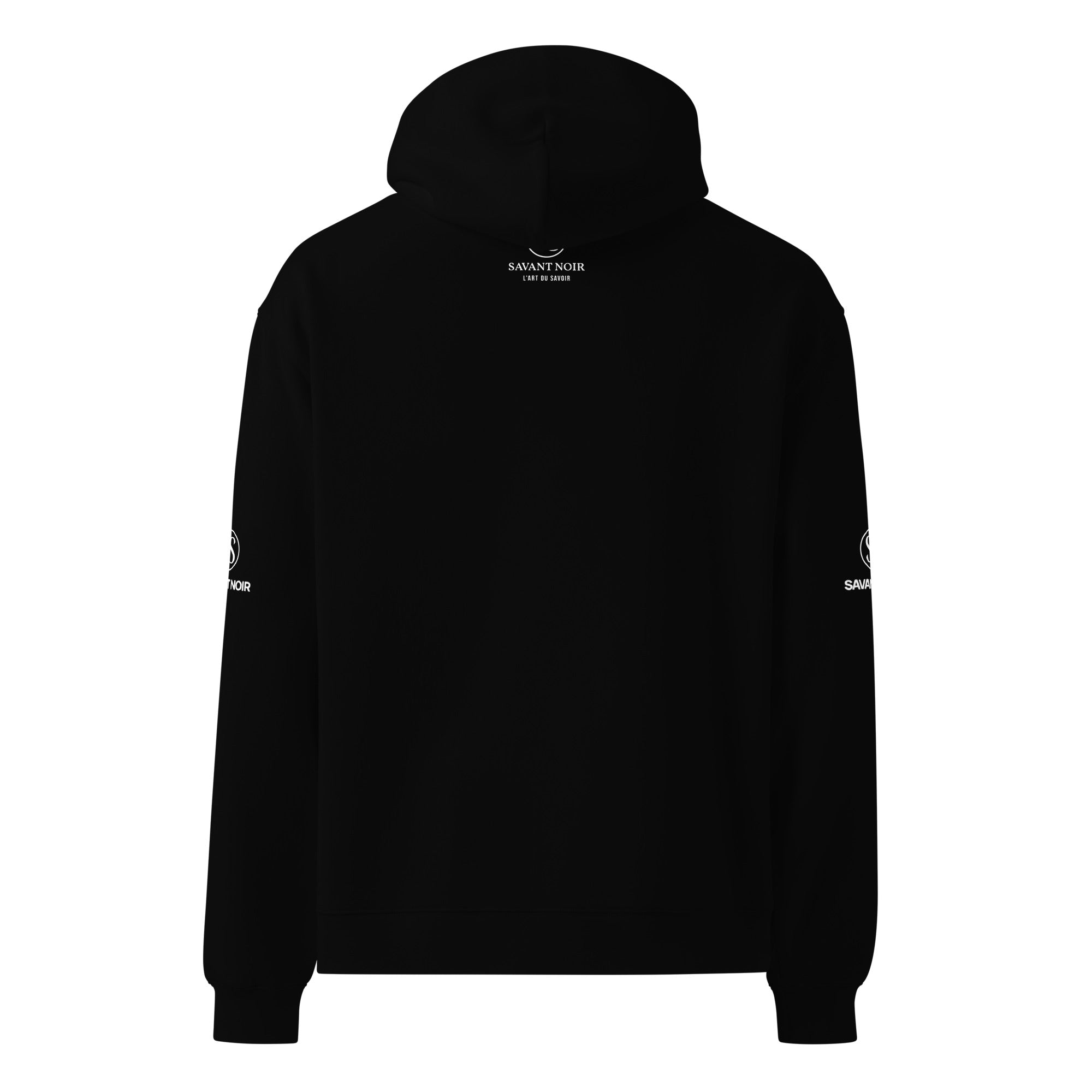 Black high end French monogram sweatshirt by SAVANT NOIR with hood and logo details on sleeves