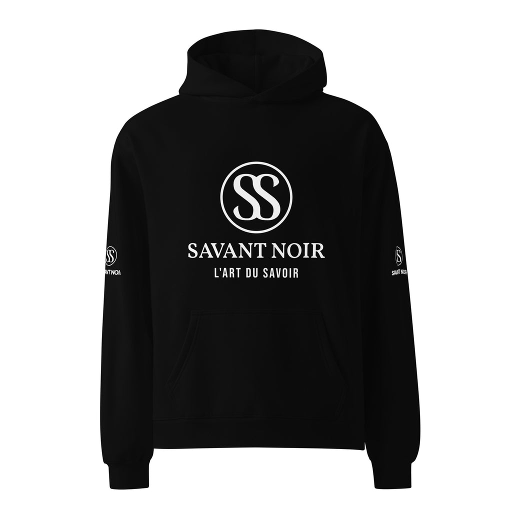 Black high end French monogram sweatshirt by SAVANT NOIR with white logo and text on front and sleeves