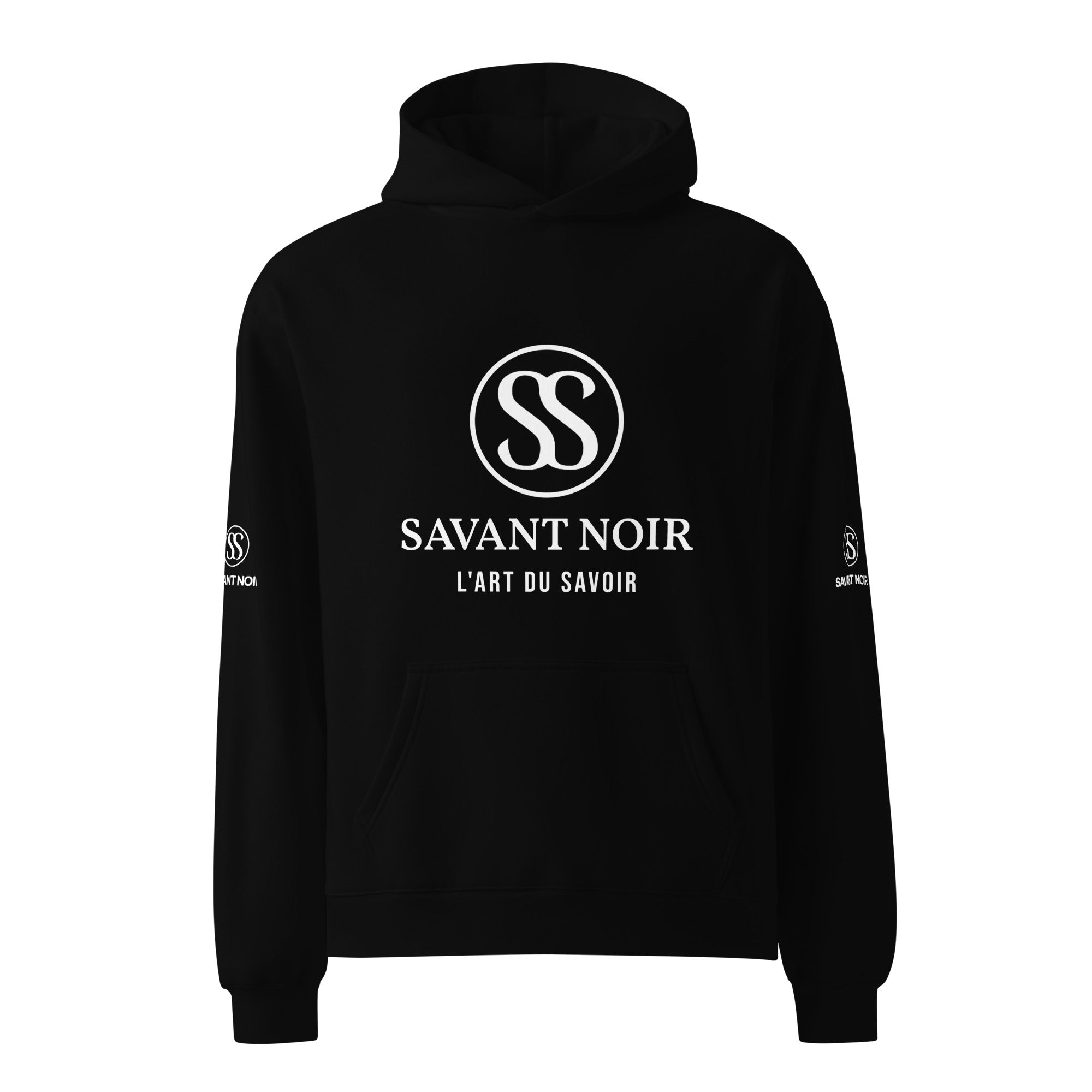 Black high end French monogram sweatshirt by SAVANT NOIR with white logo and text on front and sleeves