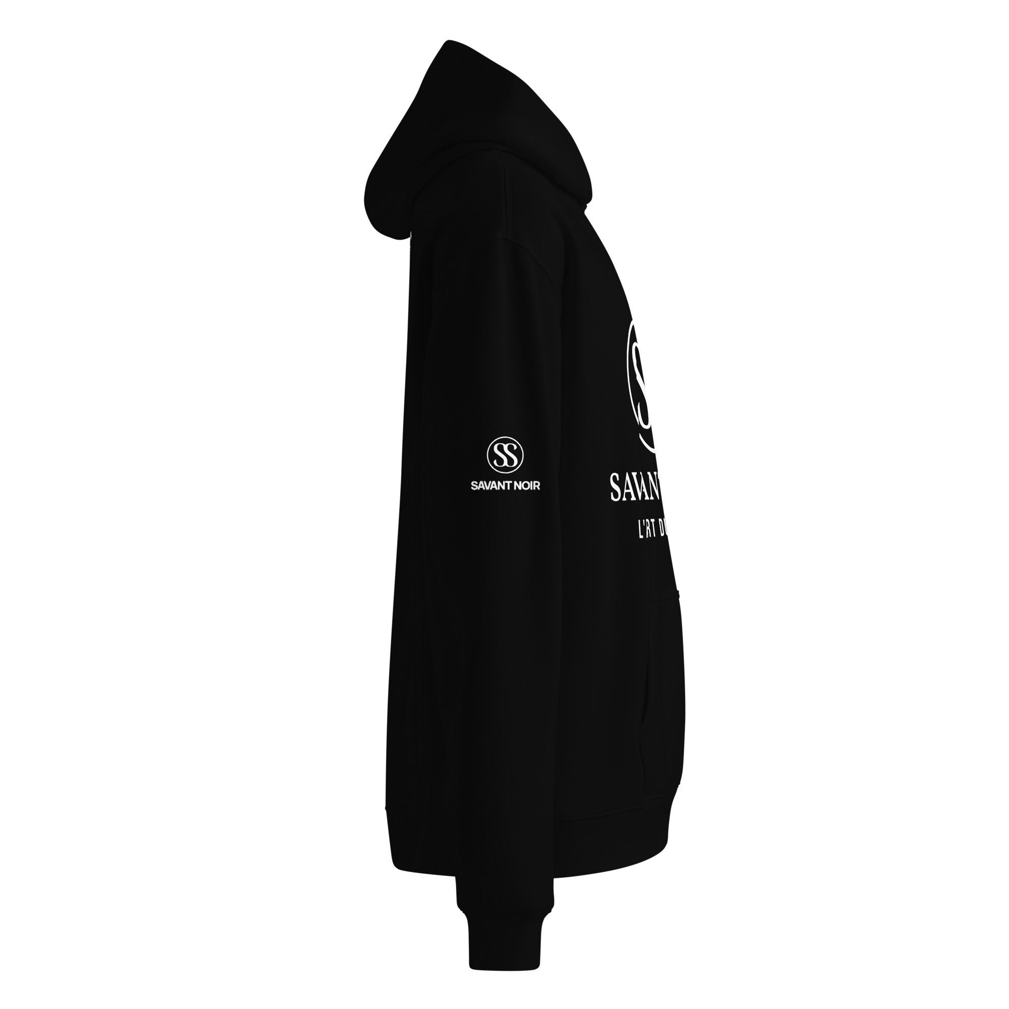 SAVANT NOIR black high end French monogram sweatshirt side view with hood and logo on sleeve