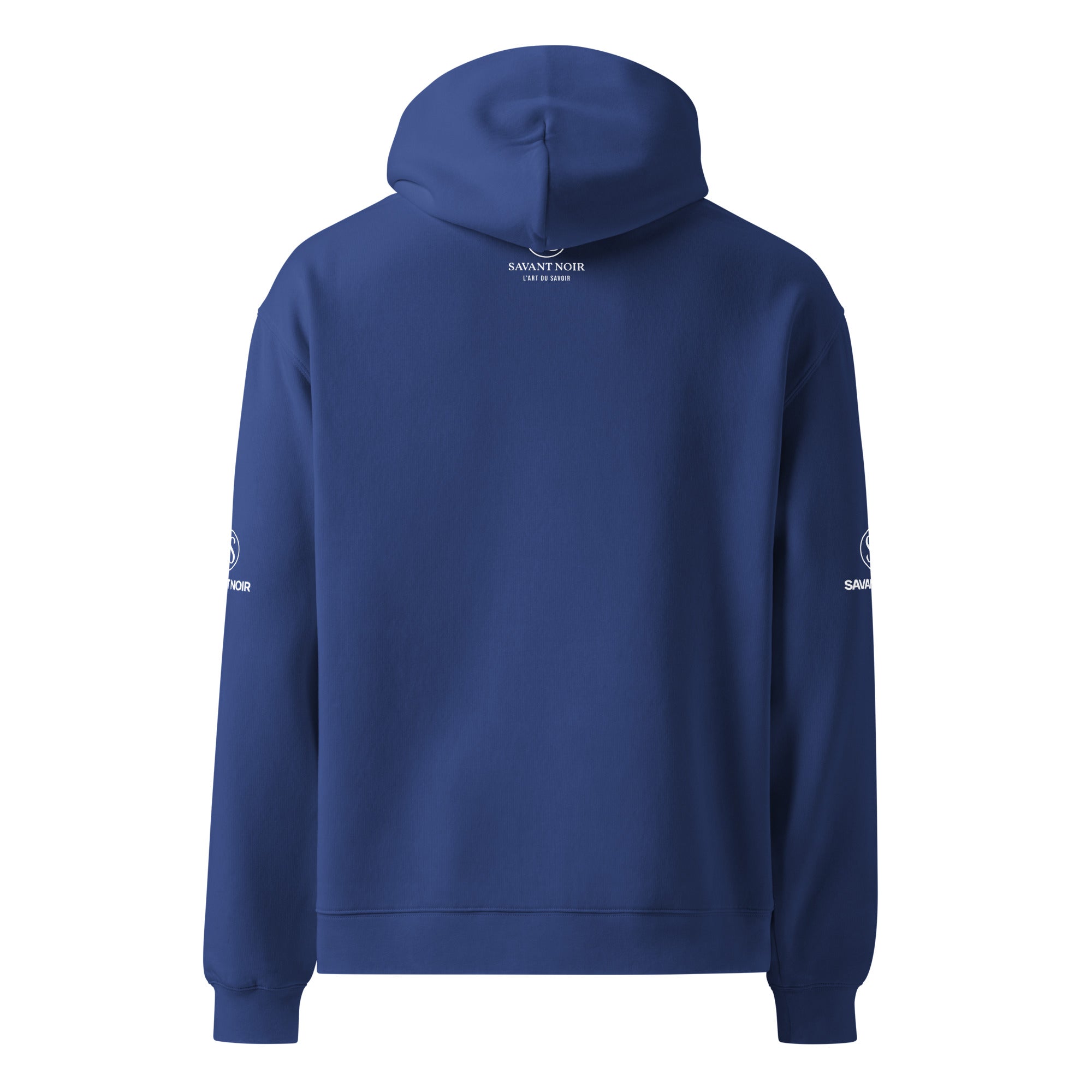 SAVANT NOIR blue hoodie viewed from back with logo on sleeves high end French monogram sweatshirt