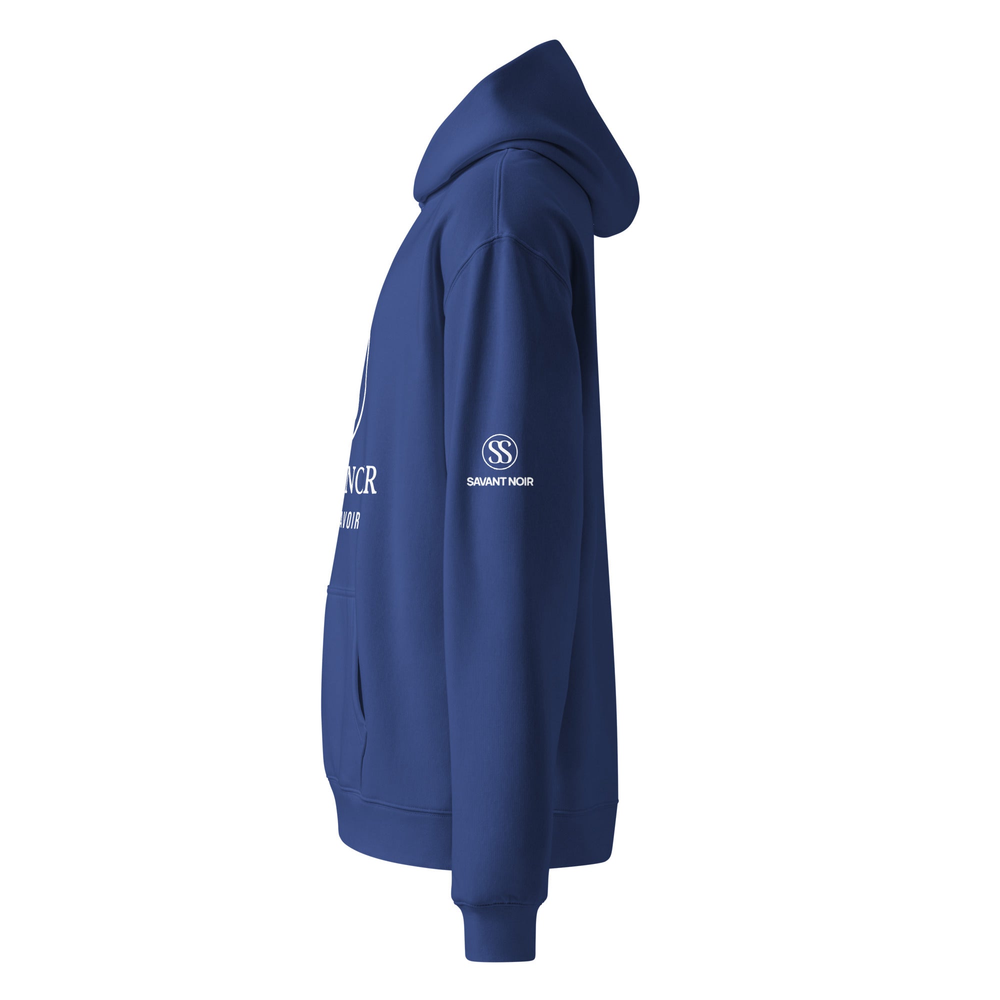 SAVANT NOIR high end French monogram sweatshirt in navy blue side view with hood