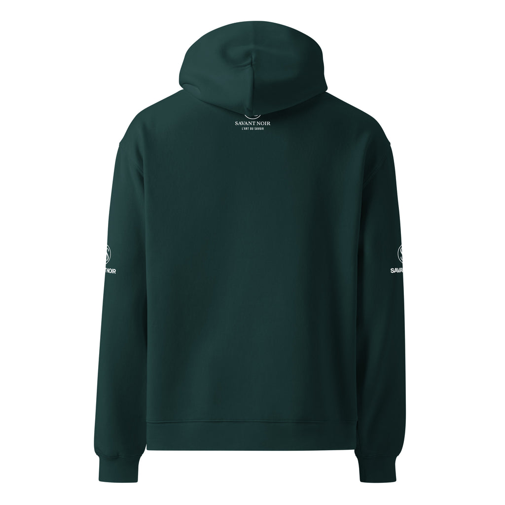 Back view of SAVANT NOIR high end French monogram sweatshirt in dark green with hood and logo accents