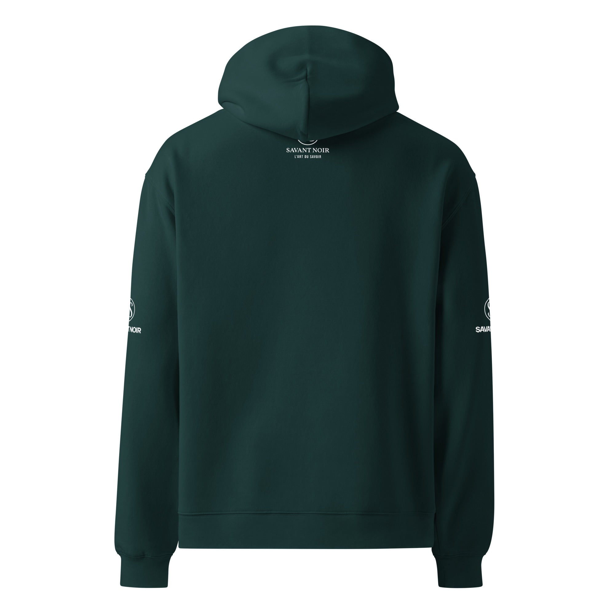 Back view of SAVANT NOIR high end French monogram sweatshirt in dark green with hood and logo accents
