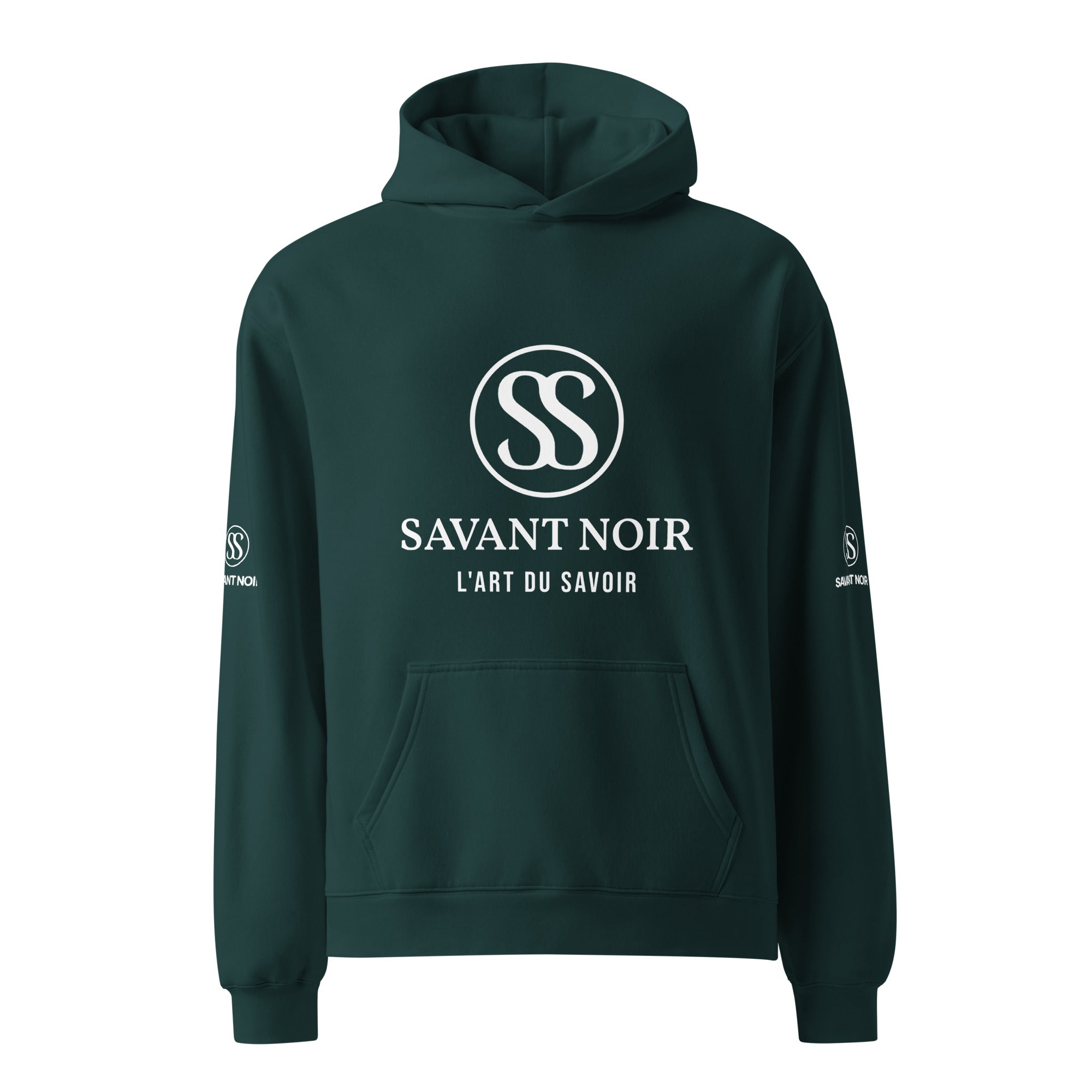 SAVANT NOIR high end French monogram sweatshirt in dark green with white logo and text on front and sleeves