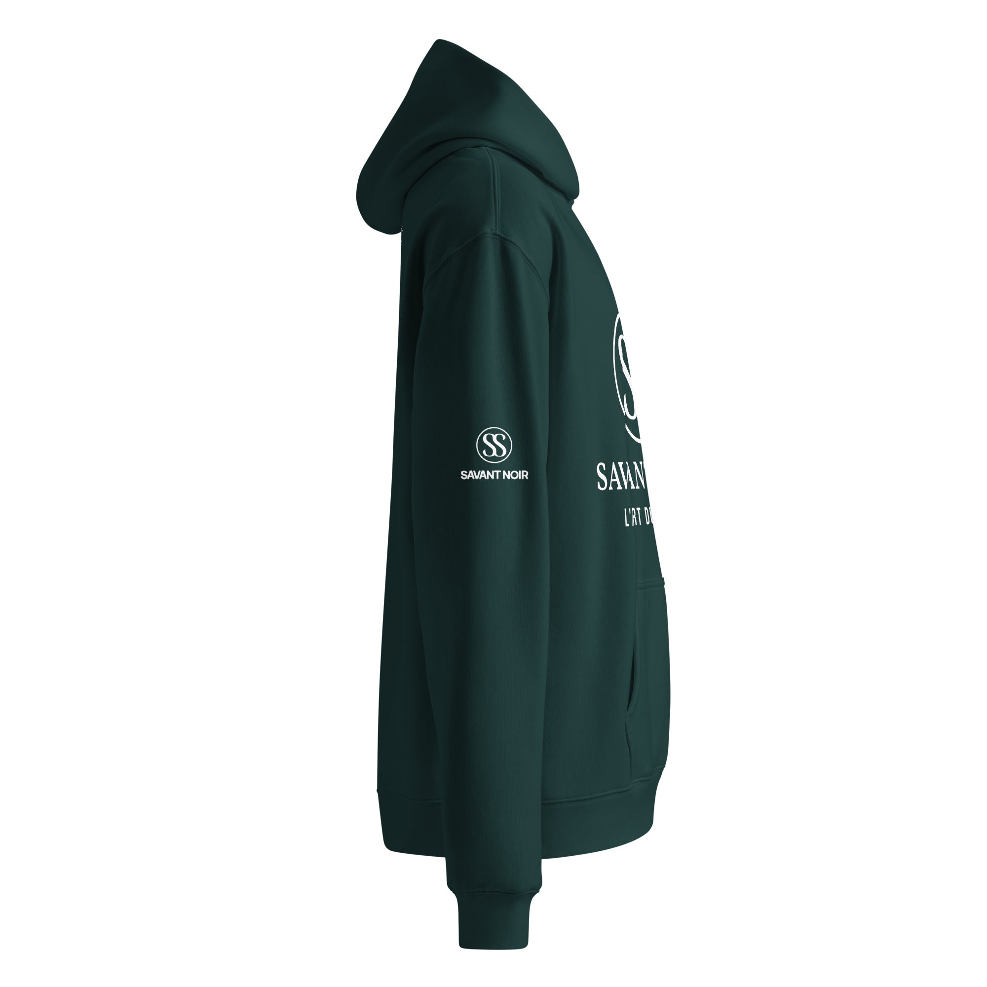 Side view of SAVANT NOIR high end French monogram sweatshirt in dark green with logo on sleeve and front