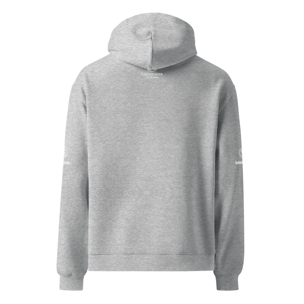 Back view of SAVANT NOIR high end French monogram sweatshirt in light gray with hood and long sleeves