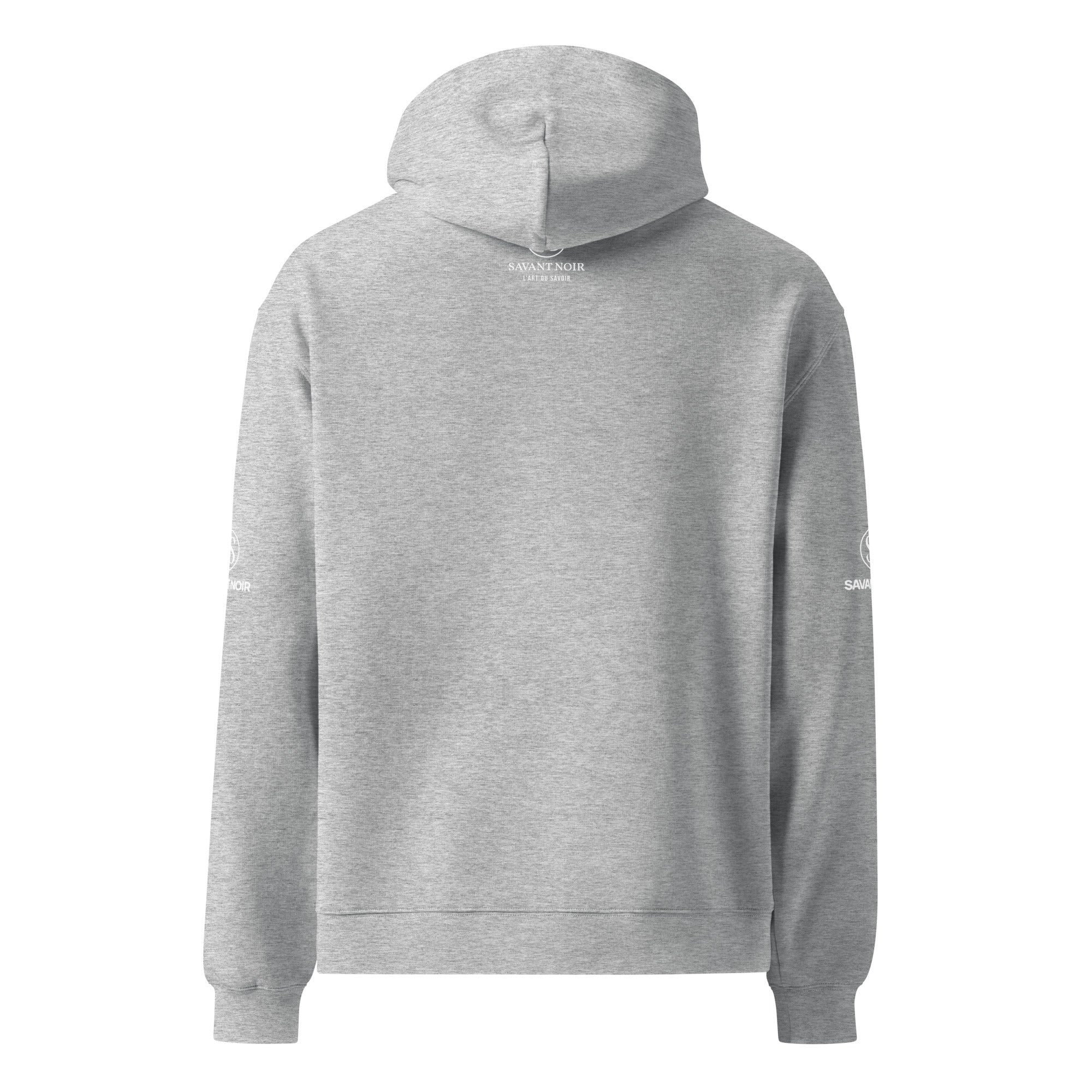 Back view of SAVANT NOIR high end French monogram sweatshirt in light gray with hood and long sleeves