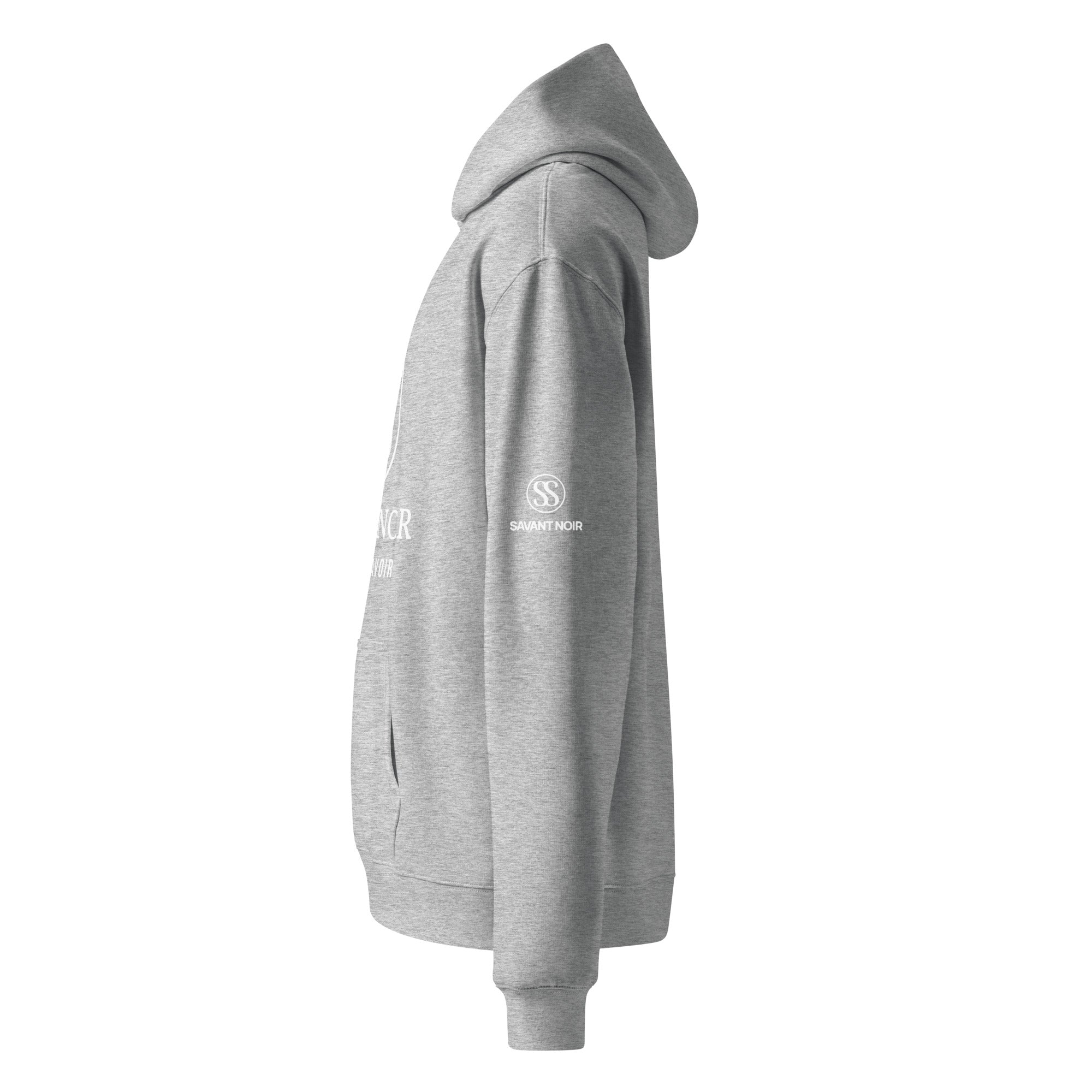 SAVANT NOIR high end French monogram sweatshirt in gray side view with hood and logo on sleeve