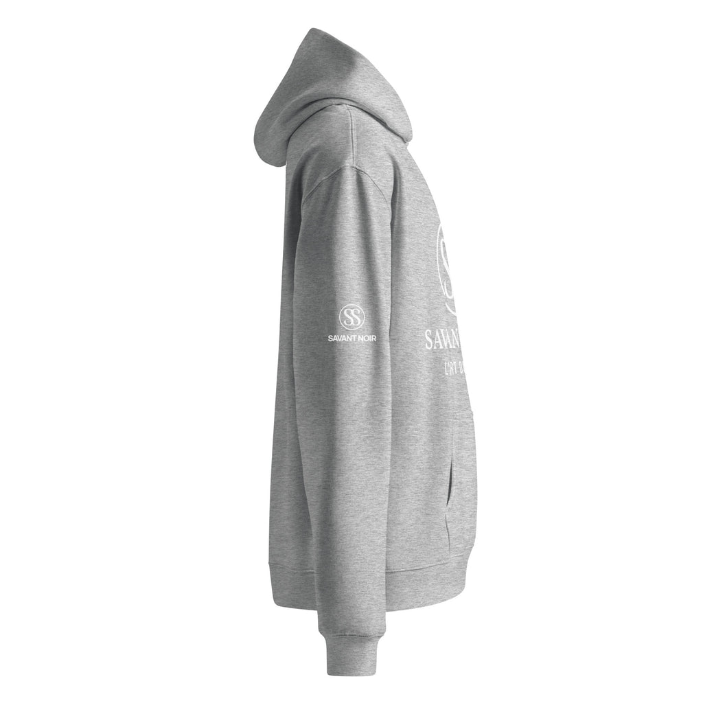 Gray high end French monogram sweatshirt by SAVANT NOIR with hood and long sleeves side view