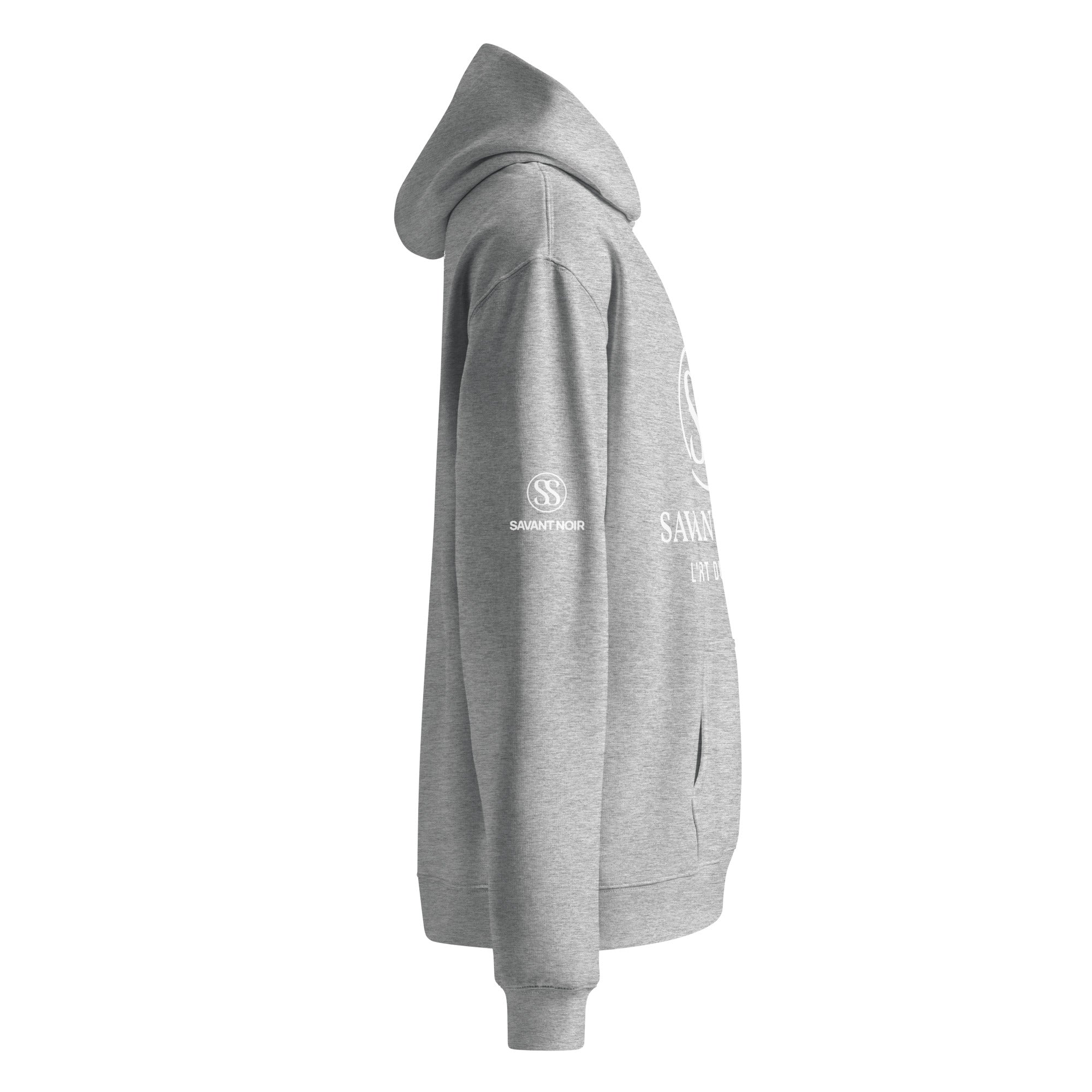 Gray high end French monogram sweatshirt by SAVANT NOIR with hood and long sleeves side view