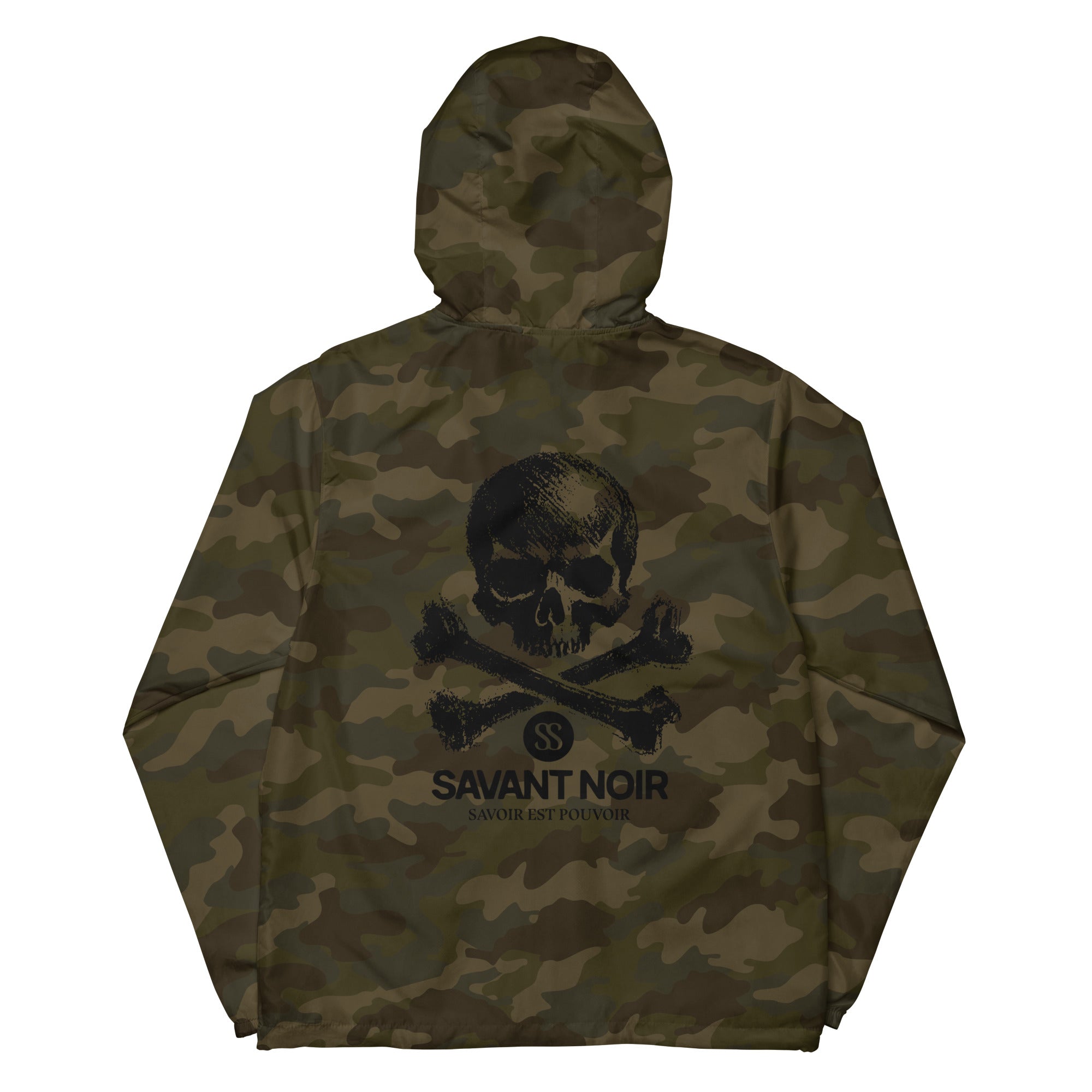 SAVANT NOIR lightweight zip up windbreaker with camouflage pattern and skull graphic on back