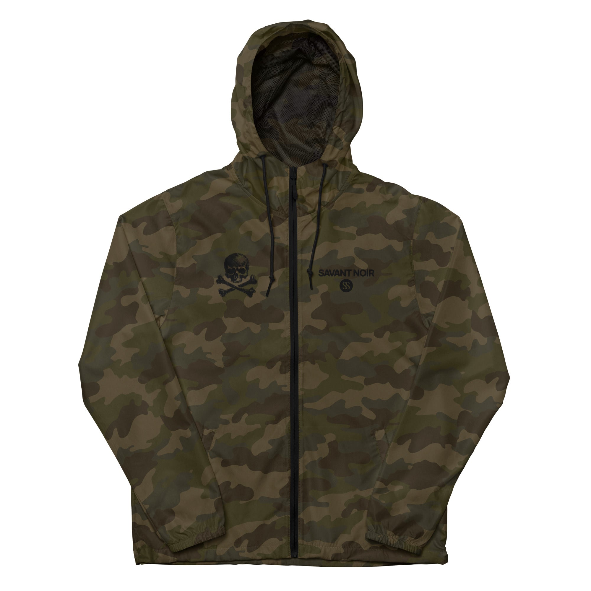SAVANT NOIR camo lightweight zip up windbreaker with hood and front zipper closure