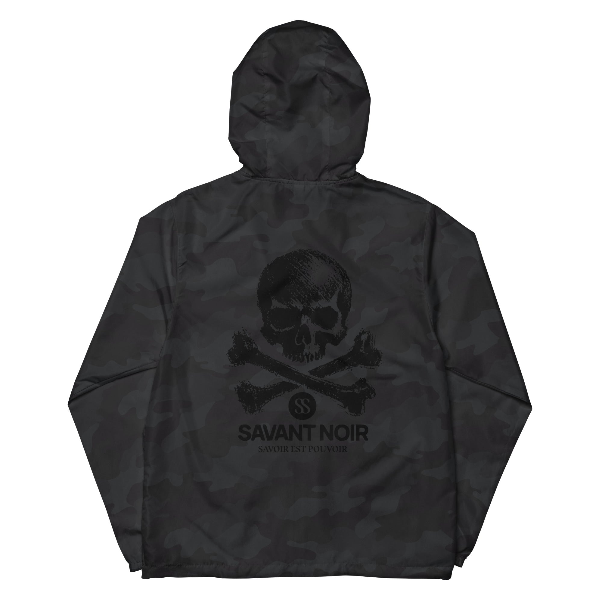 SAVANT NOIR lightweight zip up windbreaker in black with skull and crossbones design on the back